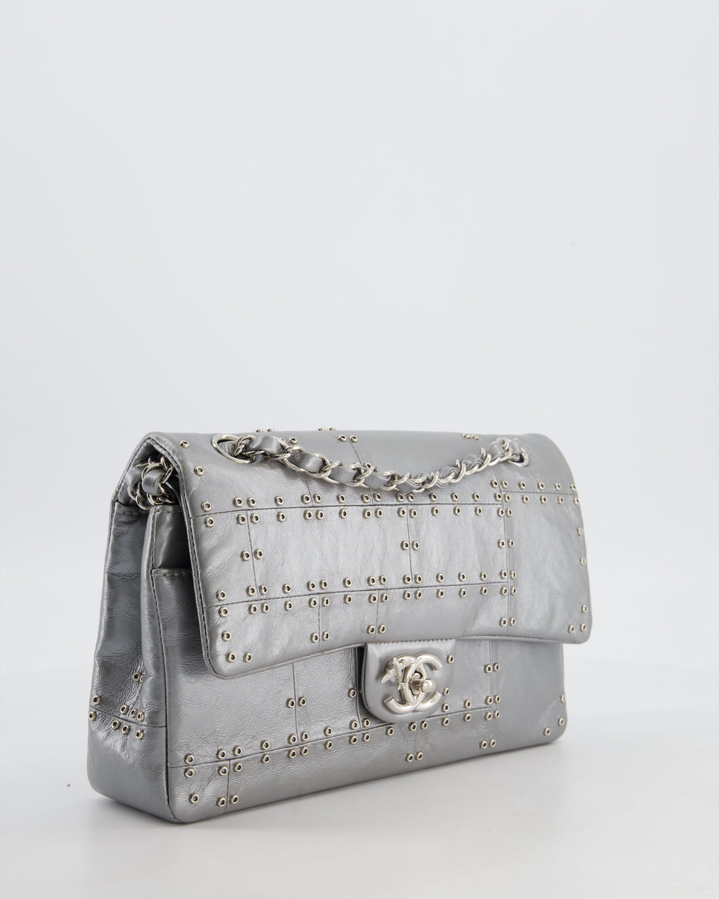 Chanel Silver Medium Airline Double Flap Bag in Glazed Calfskin with Grommet Embellishment Detail and Silver Hardware