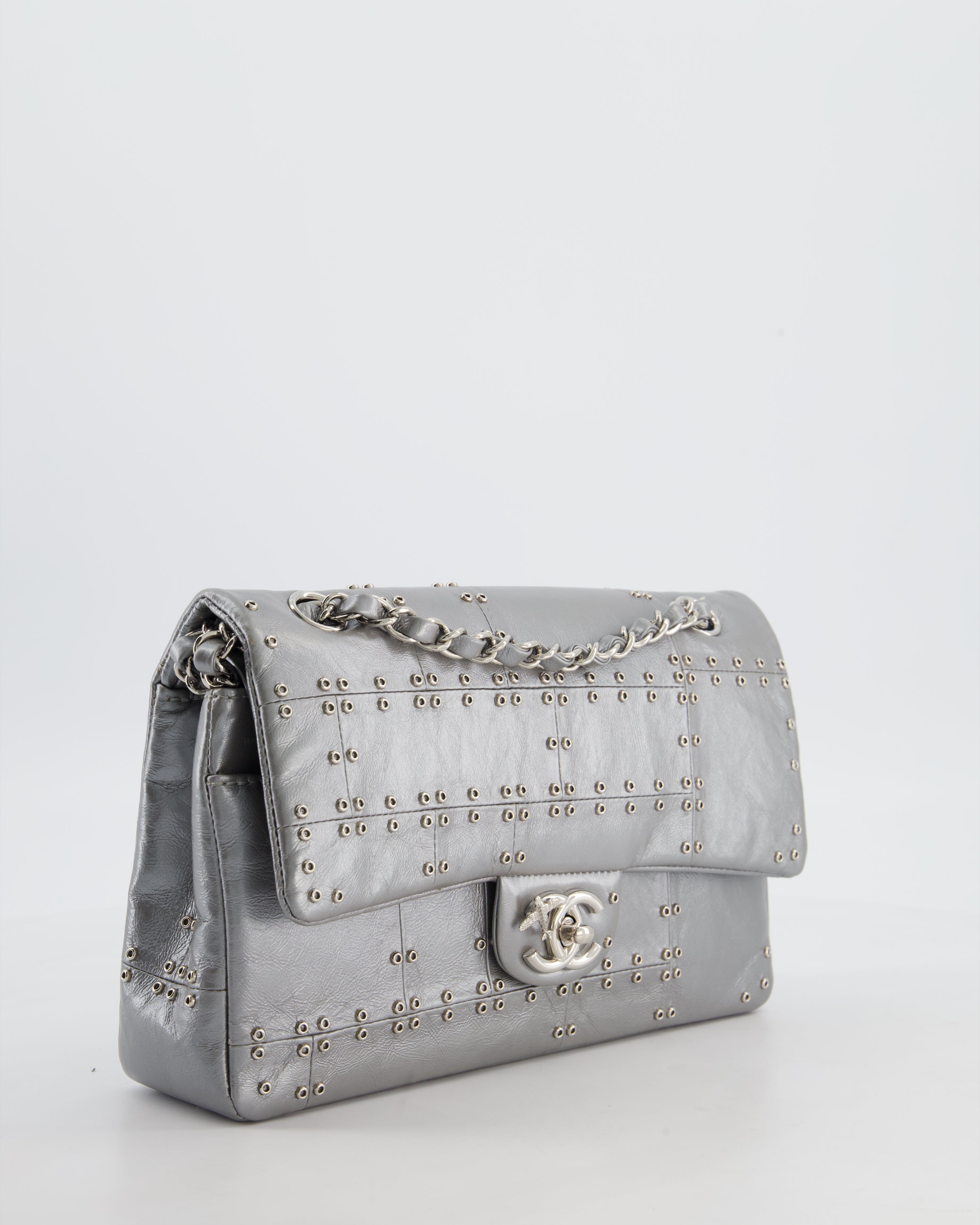 Chanel Silver Medium Airline Double Flap Bag in Glazed Calfskin with Grommet Embellishment Detail and Silver Hardware