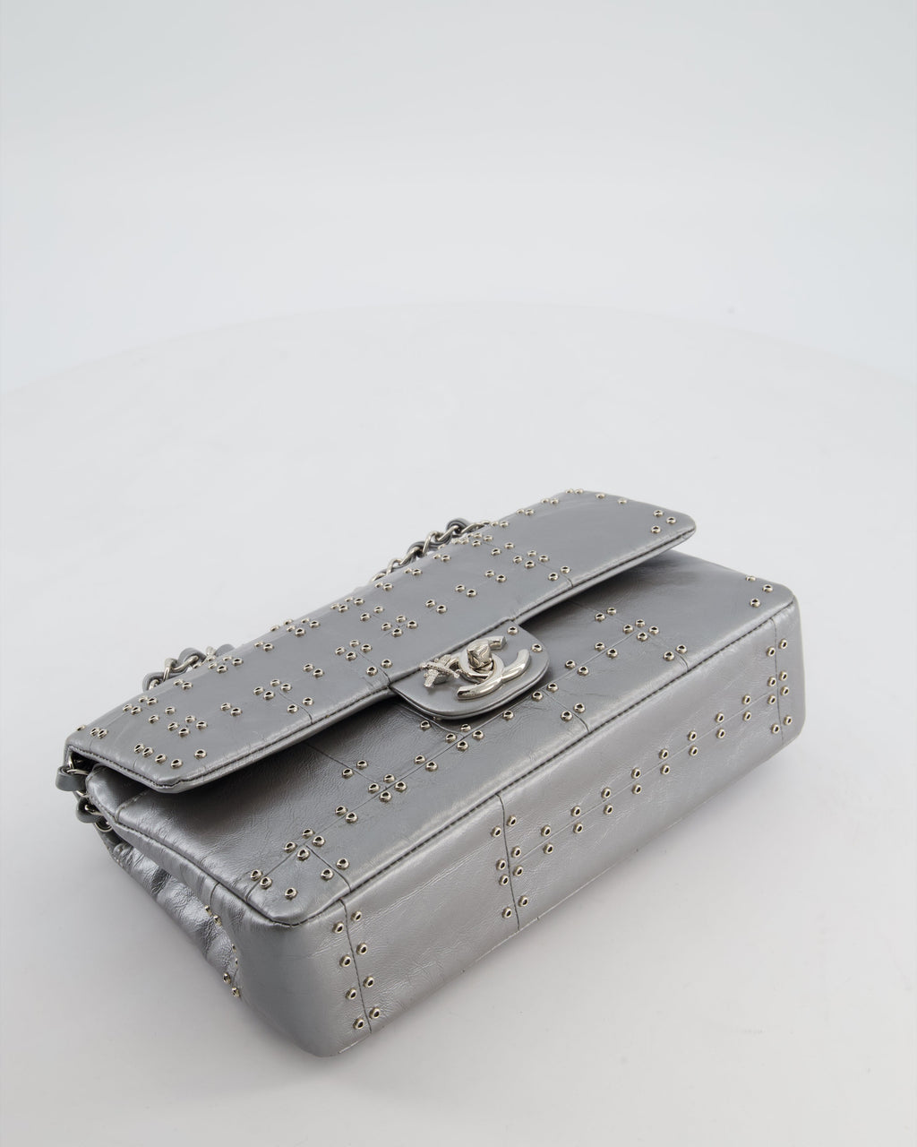 Chanel Silver Medium Airline Double Flap Bag in Glazed Calfskin with Grommet Embellishment Detail and Silver Hardware
