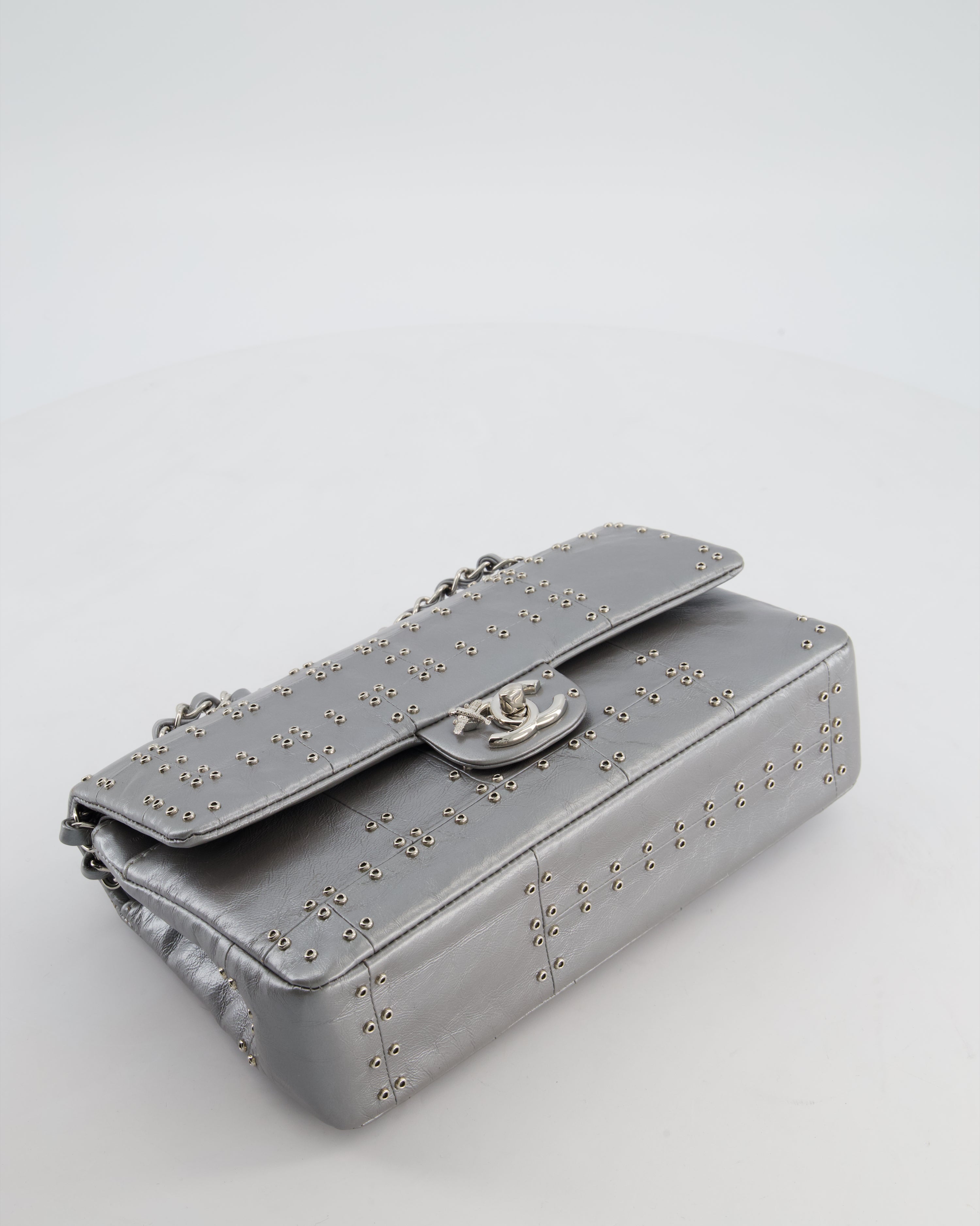 Chanel Silver Medium Airline Double Flap Bag in Glazed Calfskin with Grommet Embellishment Detail and Silver Hardware
