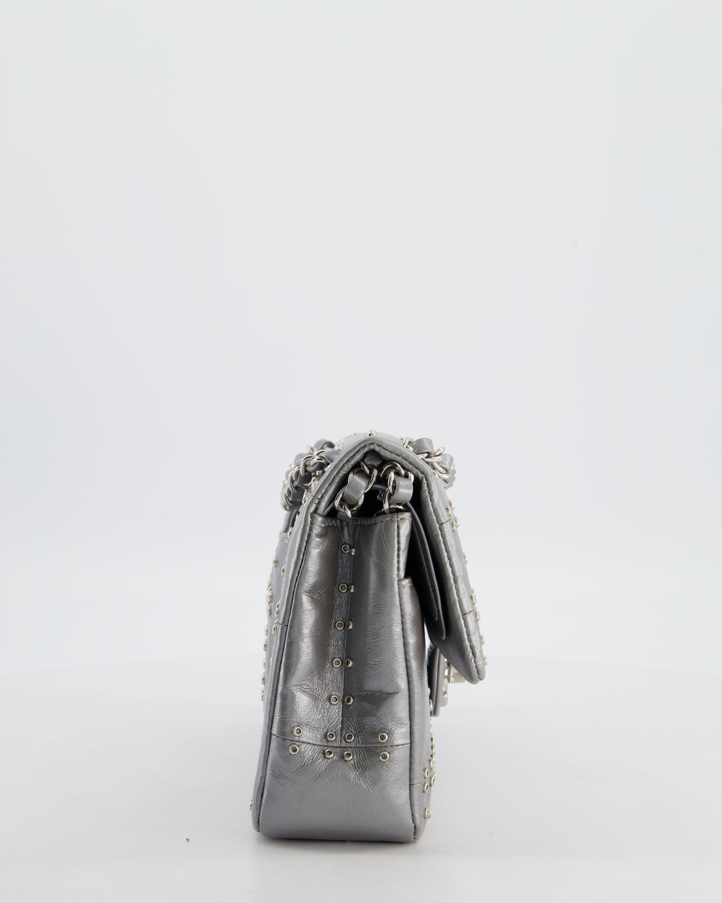 Chanel Silver Medium Airline Double Flap Bag in Glazed Calfskin with Grommet Embellishment Detail and Silver Hardware