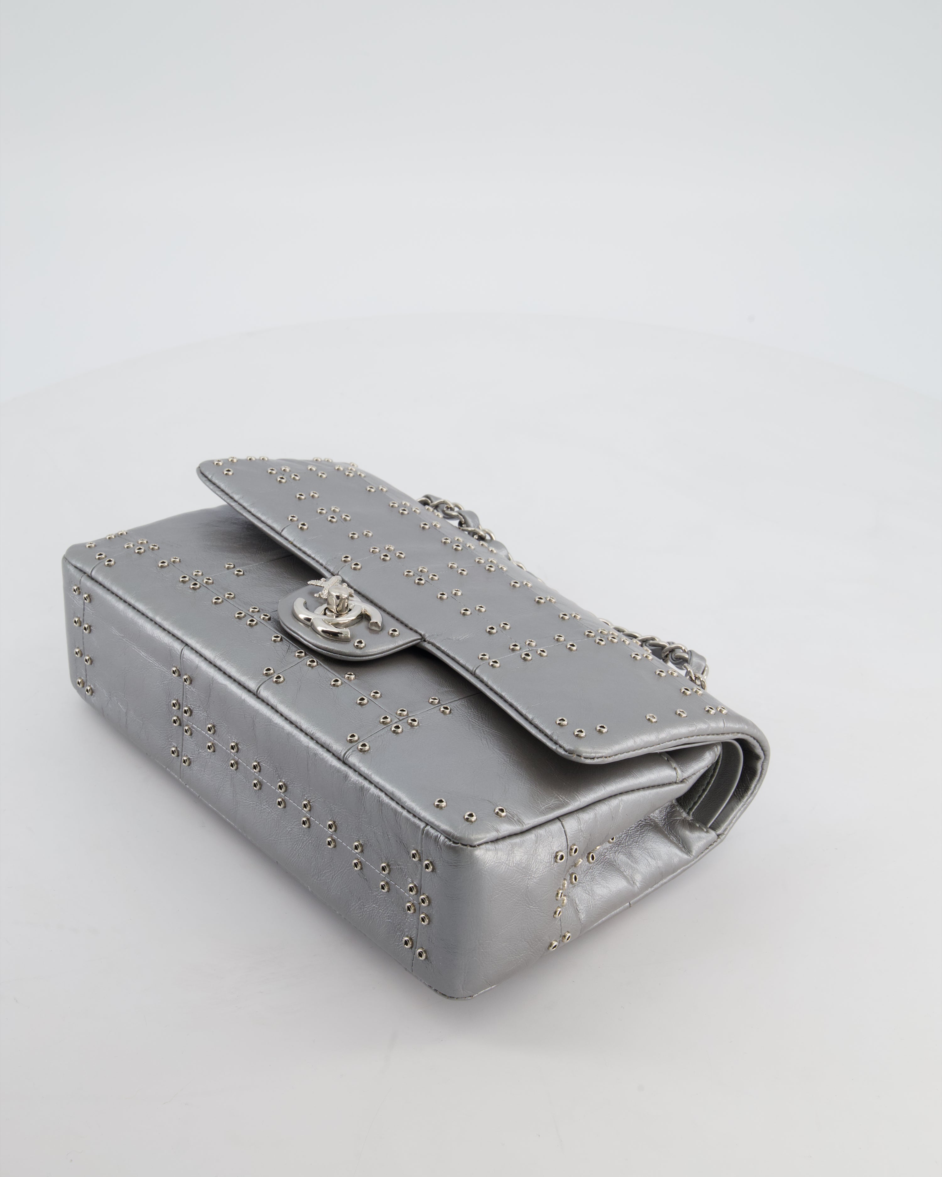 Chanel Silver Medium Airline Double Flap Bag in Glazed Calfskin with Grommet Embellishment Detail and Silver Hardware
