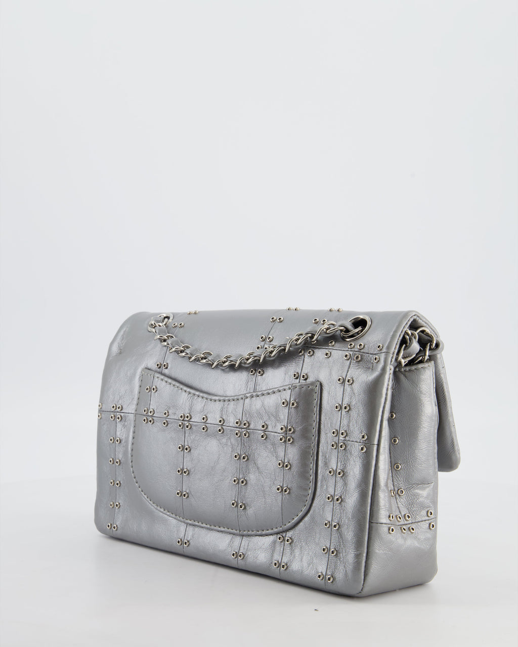 Chanel Silver Medium Airline Double Flap Bag in Glazed Calfskin with Grommet Embellishment Detail and Silver Hardware