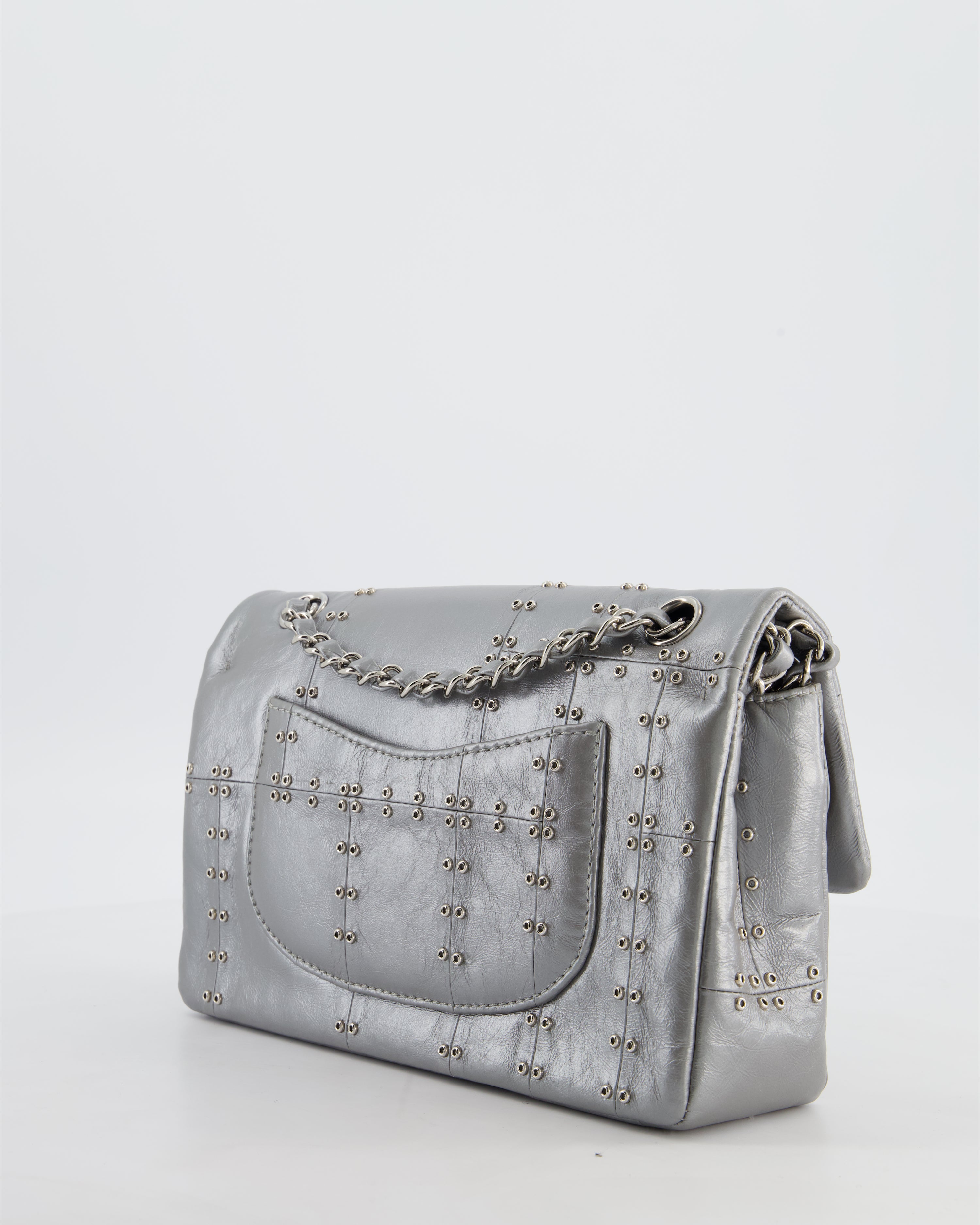 Chanel Silver Medium Airline Double Flap Bag in Glazed Calfskin with Grommet Embellishment Detail and Silver Hardware