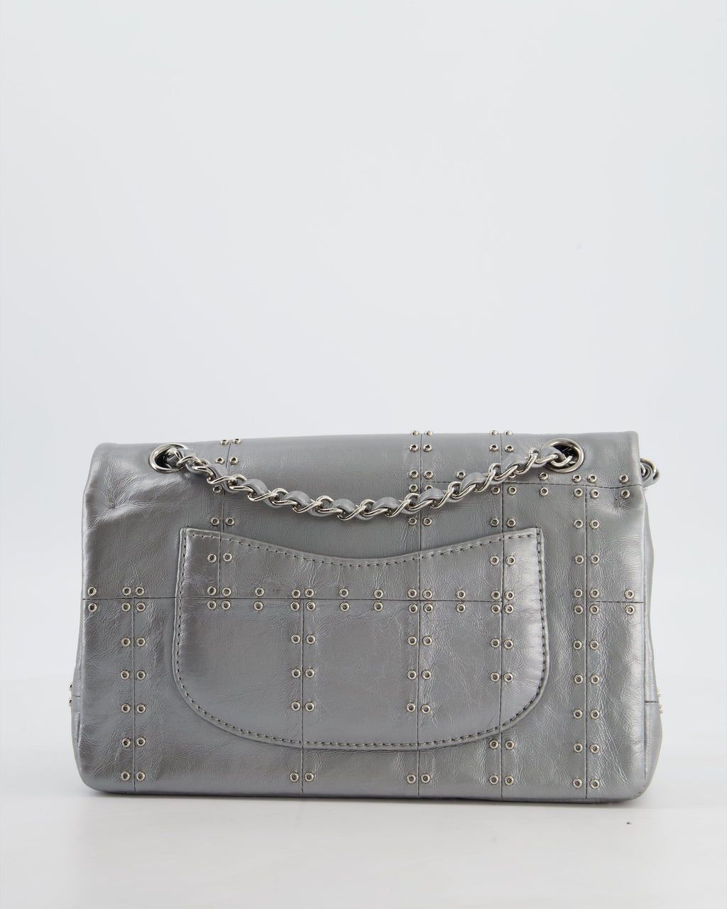 Chanel Silver Medium Airline Double Flap Bag in Glazed Calfskin with Grommet Embellishment Detail and Silver Hardware