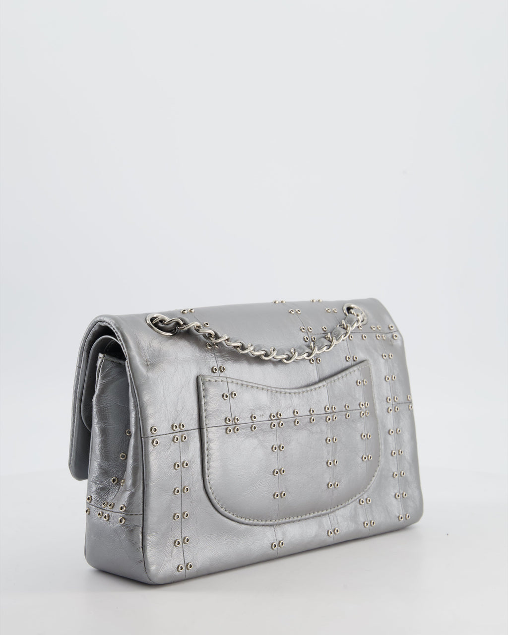 Chanel Silver Medium Airline Double Flap Bag in Glazed Calfskin with Grommet Embellishment Detail and Silver Hardware