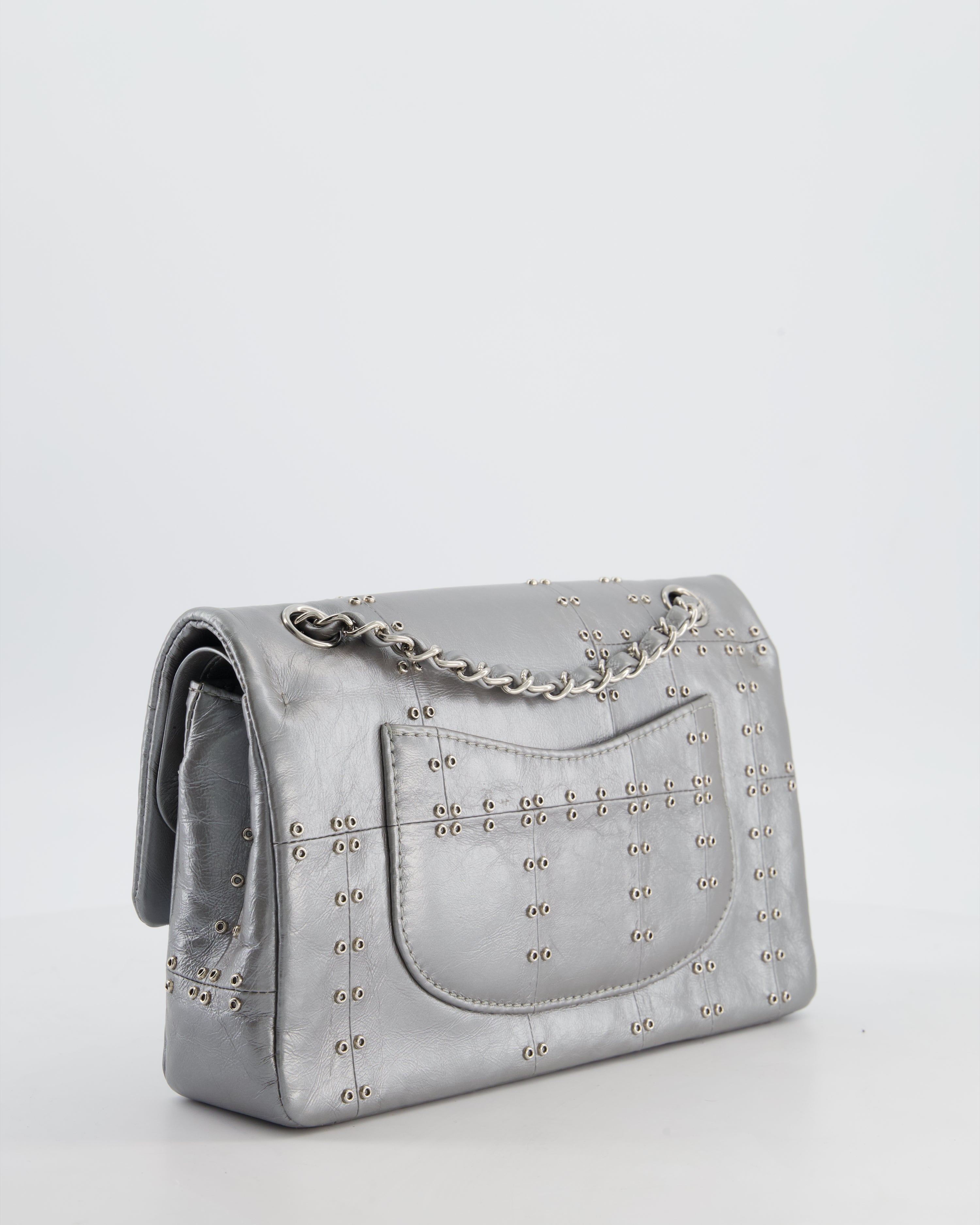 Chanel Silver Medium Airline Double Flap Bag in Glazed Calfskin with Grommet Embellishment Detail and Silver Hardware