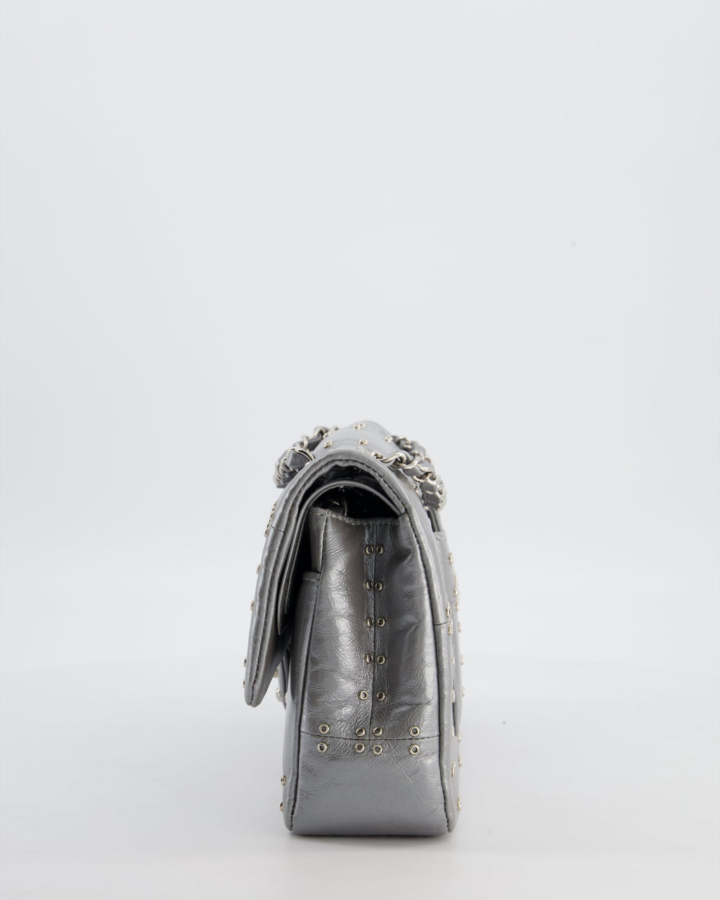 Chanel Silver Medium Airline Double Flap Bag in Glazed Calfskin with Grommet Embellishment Detail and Silver Hardware