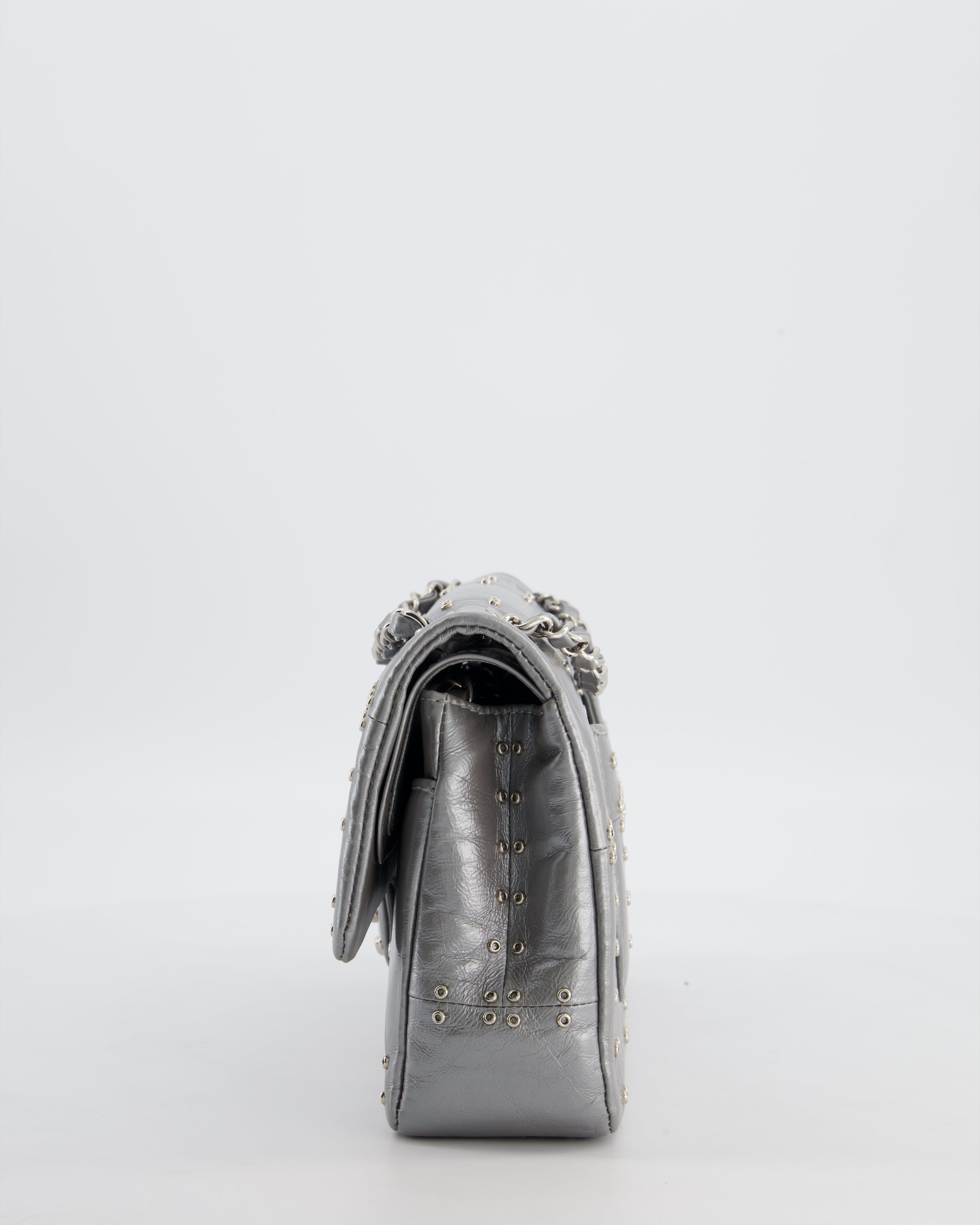 Chanel Silver Medium Airline Double Flap Bag in Glazed Calfskin with Grommet Embellishment Detail and Silver Hardware
