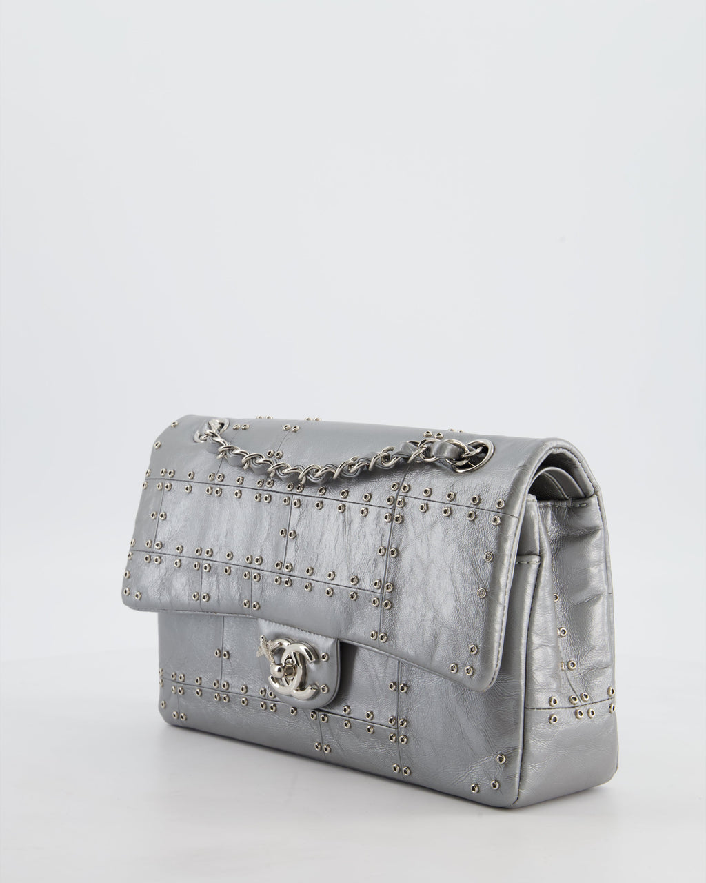 Chanel Silver Medium Airline Double Flap Bag in Glazed Calfskin with Grommet Embellishment Detail and Silver Hardware