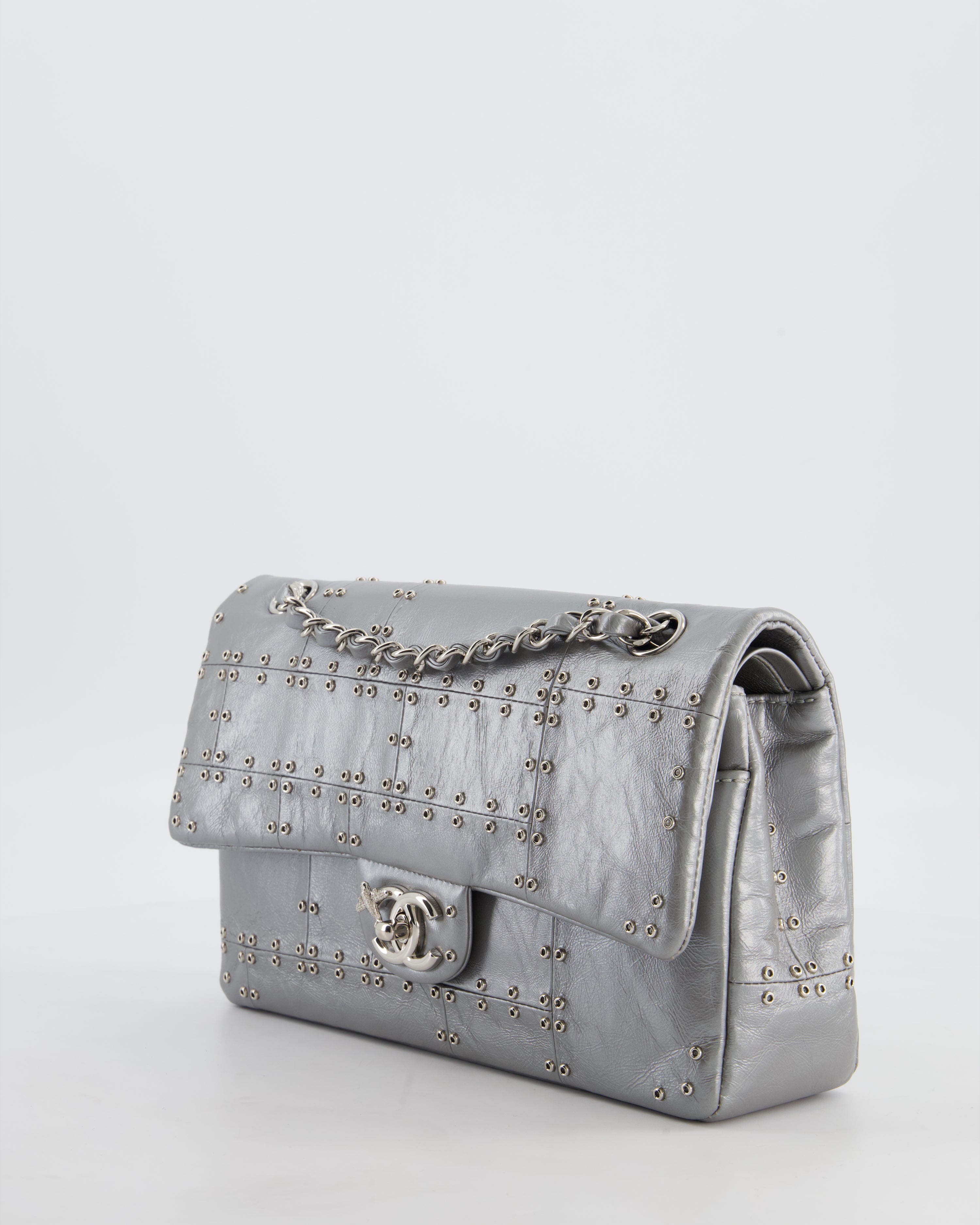 Chanel Silver Medium Airline Double Flap Bag in Glazed Calfskin with Grommet Embellishment Detail and Silver Hardware