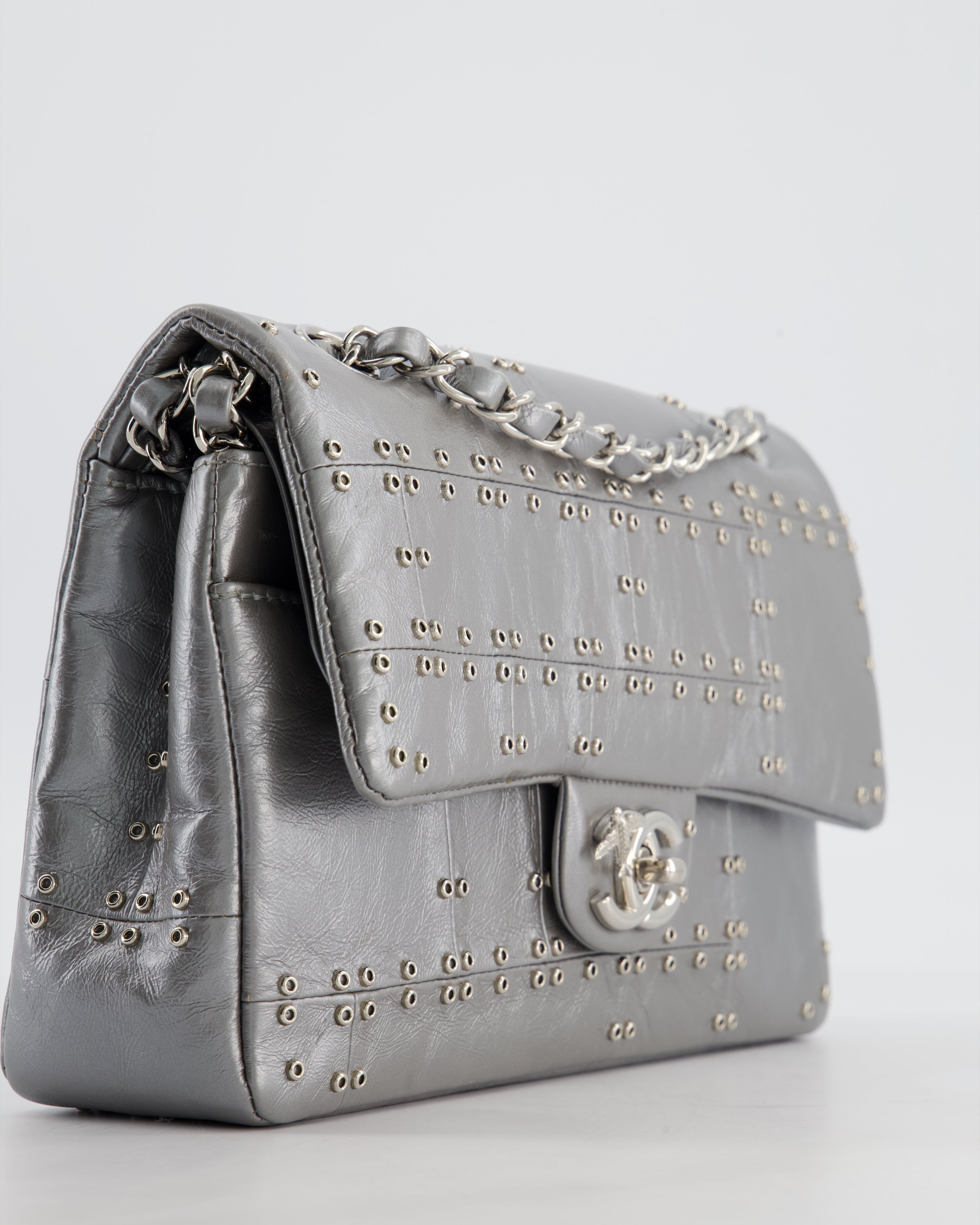 Chanel Silver Medium Airline Double Flap Bag in Glazed Calfskin with Grommet Embellishment Detail and Silver Hardware