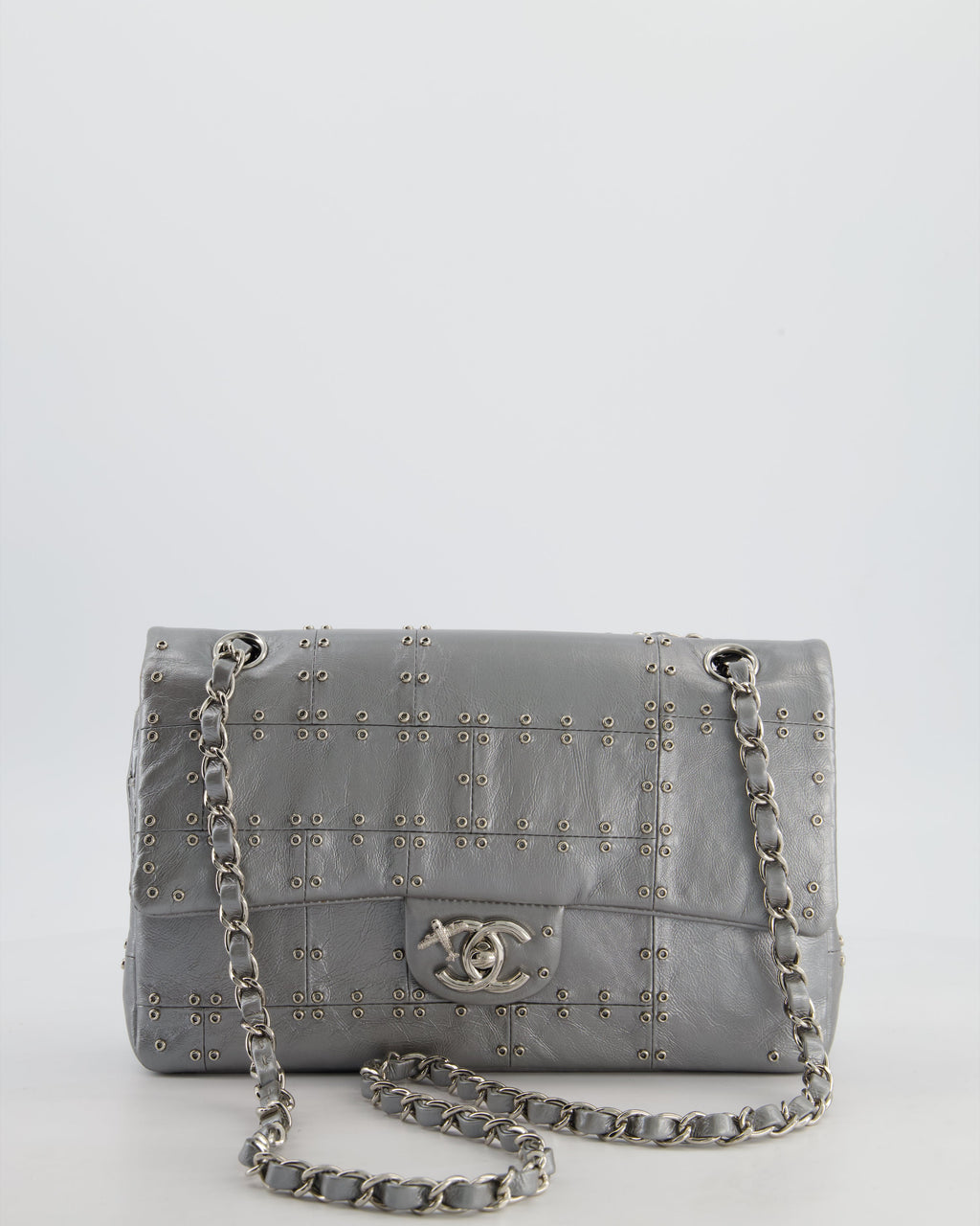 Chanel Silver Medium Airline Double Flap Bag in Glazed Calfskin with Grommet Embellishment Detail and Silver Hardware