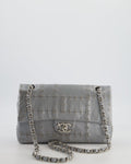 Chanel Silver Medium Airline Double Flap Bag in Glazed Calfskin with Grommet Embellishment Detail and Silver Hardware