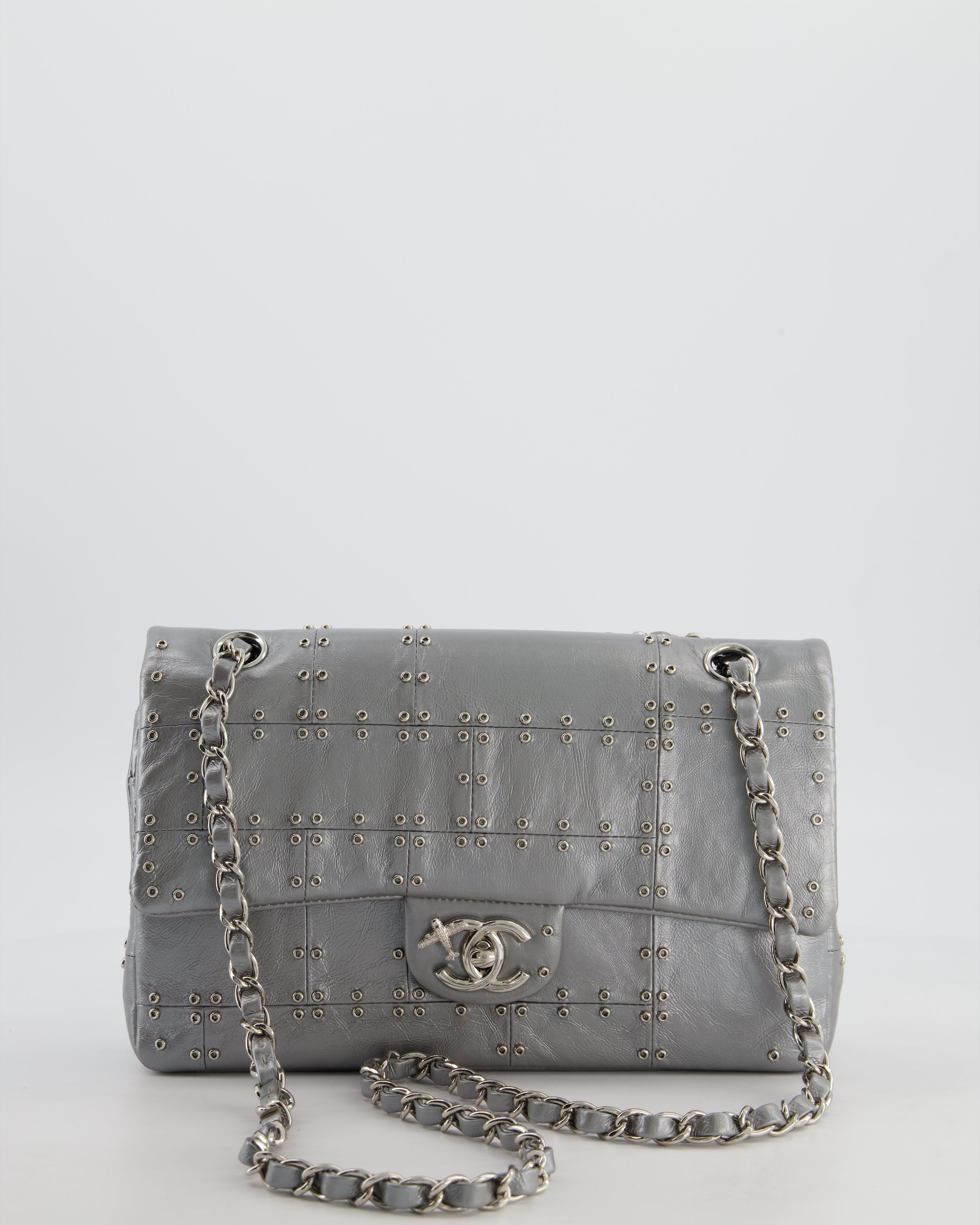 Chanel Silver Medium Airline Double Flap Bag in Glazed Calfskin with Grommet Embellishment Detail and Silver Hardware