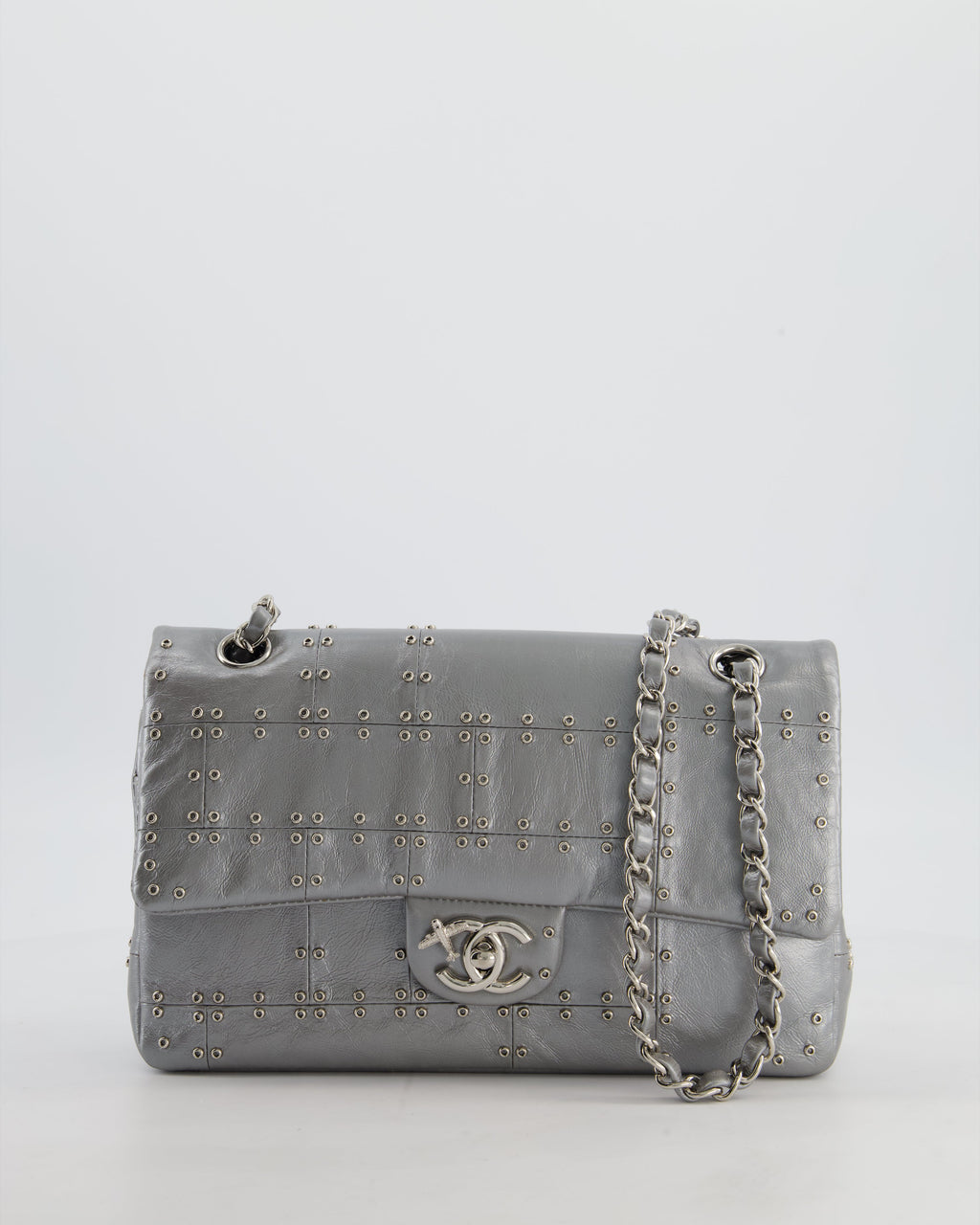 Chanel Silver Medium Airline Double Flap Bag in Glazed Calfskin with Grommet Embellishment Detail and Silver Hardware