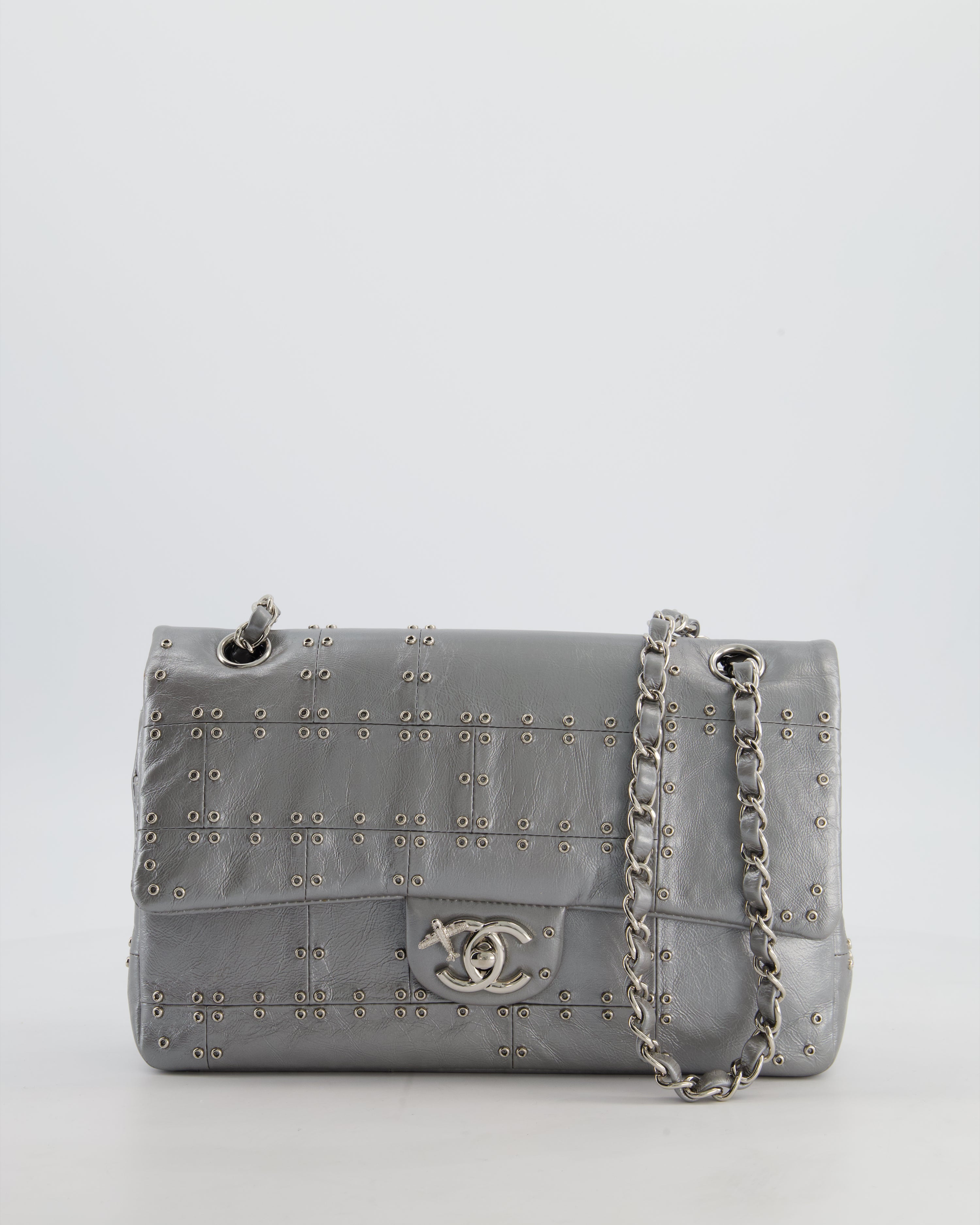 Chanel Silver Medium Airline Double Flap Bag in Glazed Calfskin with Grommet Embellishment Detail and Silver Hardware