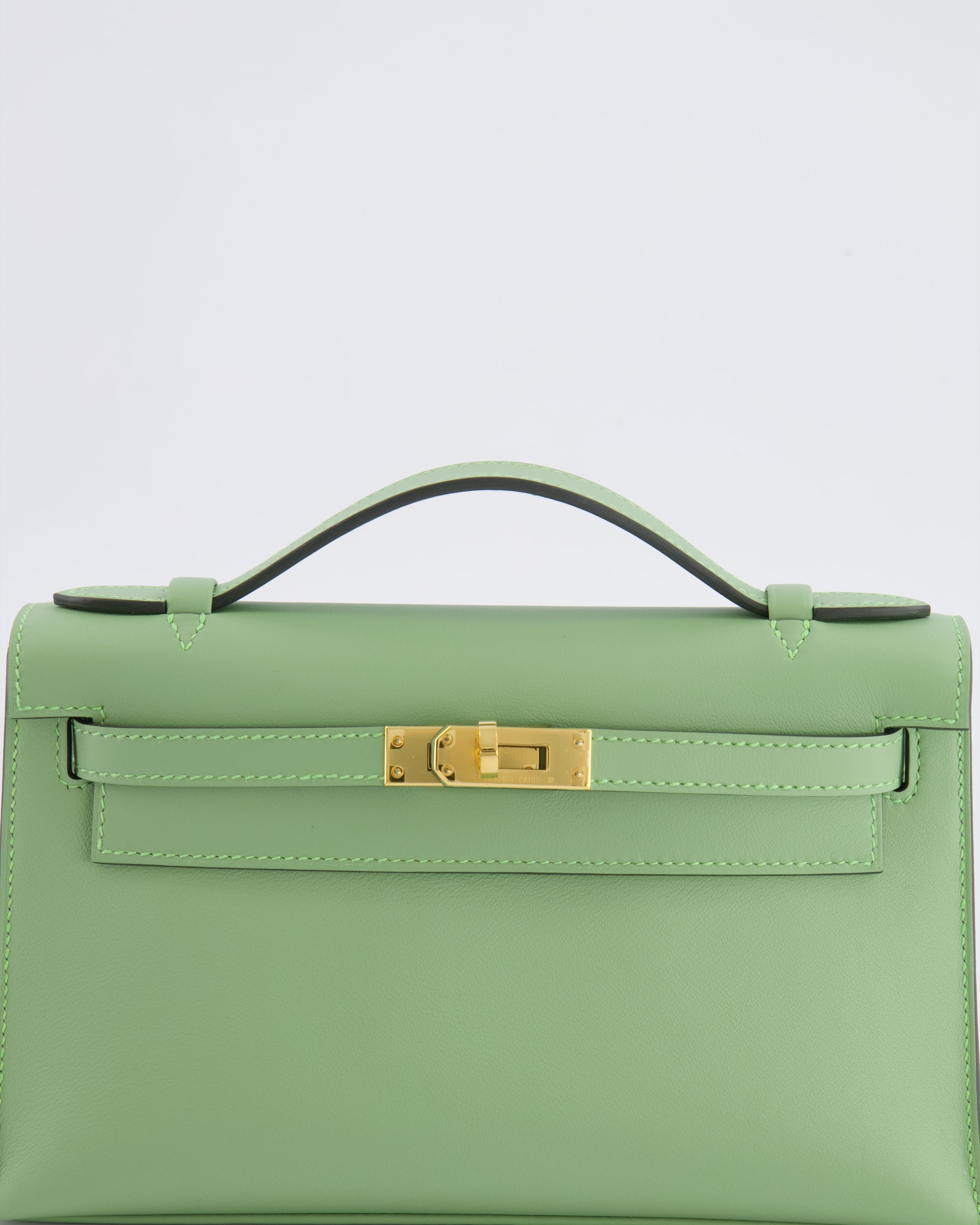 *HOT COLOUR* Hermès Mini Kelly Pochette Bag in Vert Criquet Swift Leather with Gold Hardware