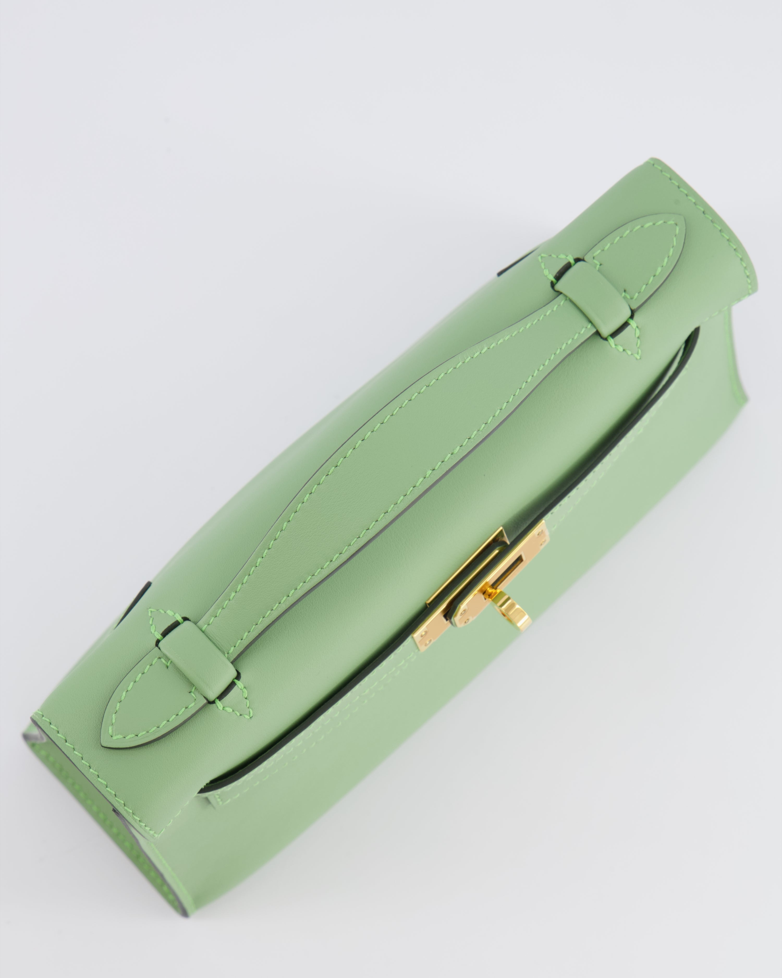 *HOT COLOUR* Hermès Mini Kelly Pochette Bag in Vert Criquet Swift Leather with Gold Hardware