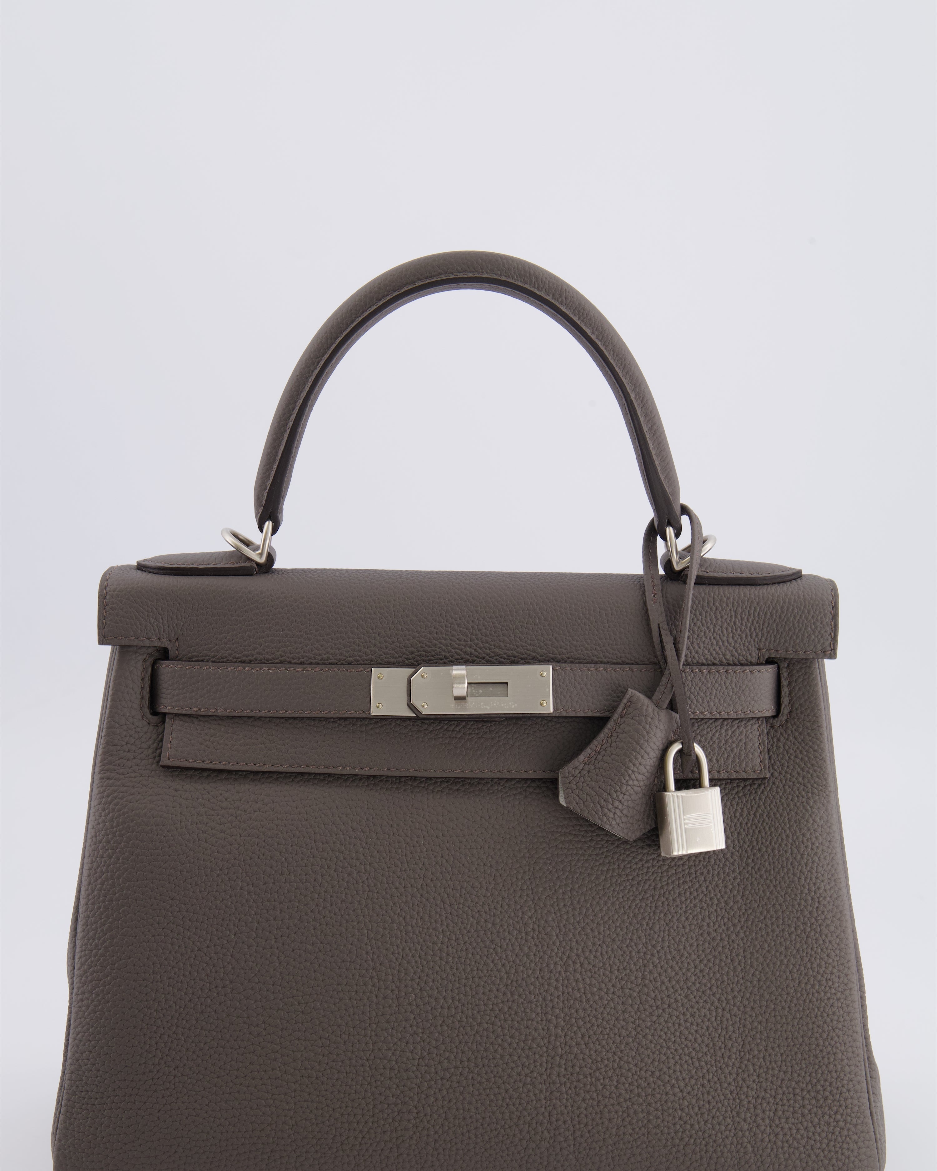 Hermès Kelly 28 Retourne HSS Bag in Gris Etain Togo Leather with Gris Perle Interior and Brushed Palladium Hardware