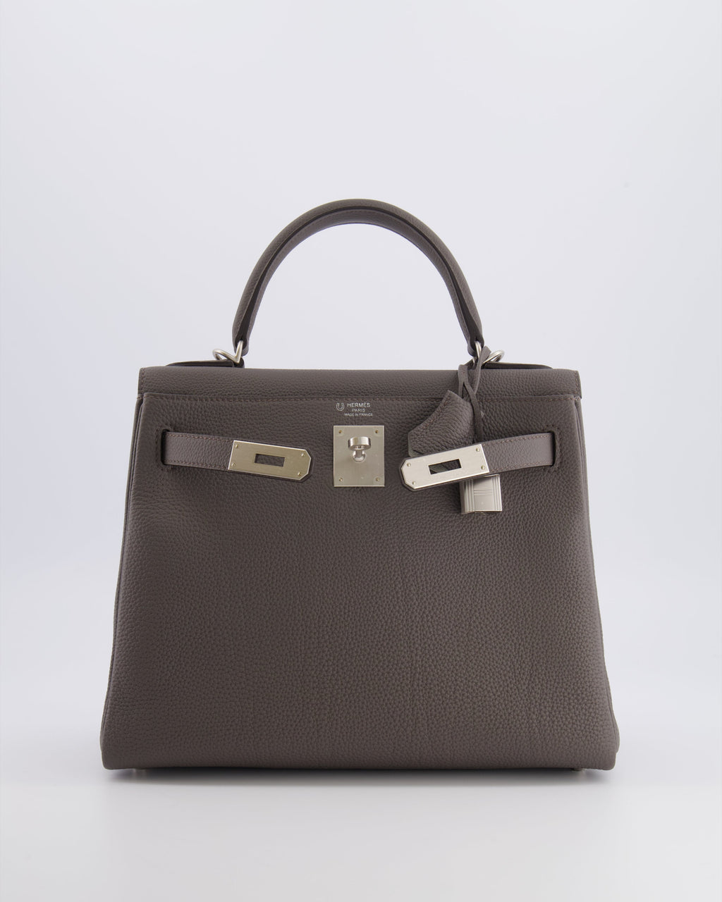 Hermès Kelly 28 Retourne HSS Bag in Gris Etain Togo Leather with Gris Perle Interior and Brushed Palladium Hardware