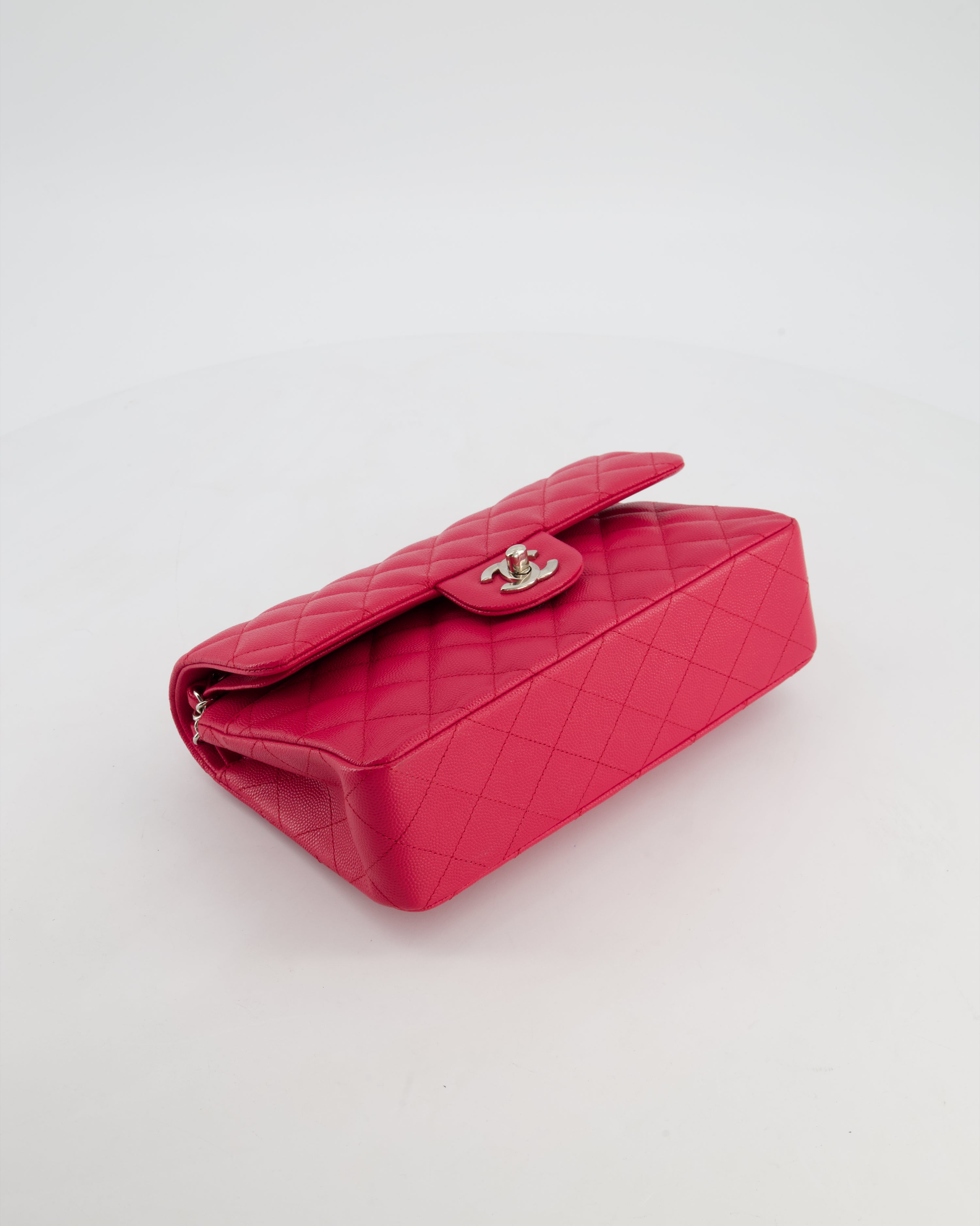 Chanel Fuchsia Pink Small Classic Double Flap Bag Caviar Leather with Silver Hardware