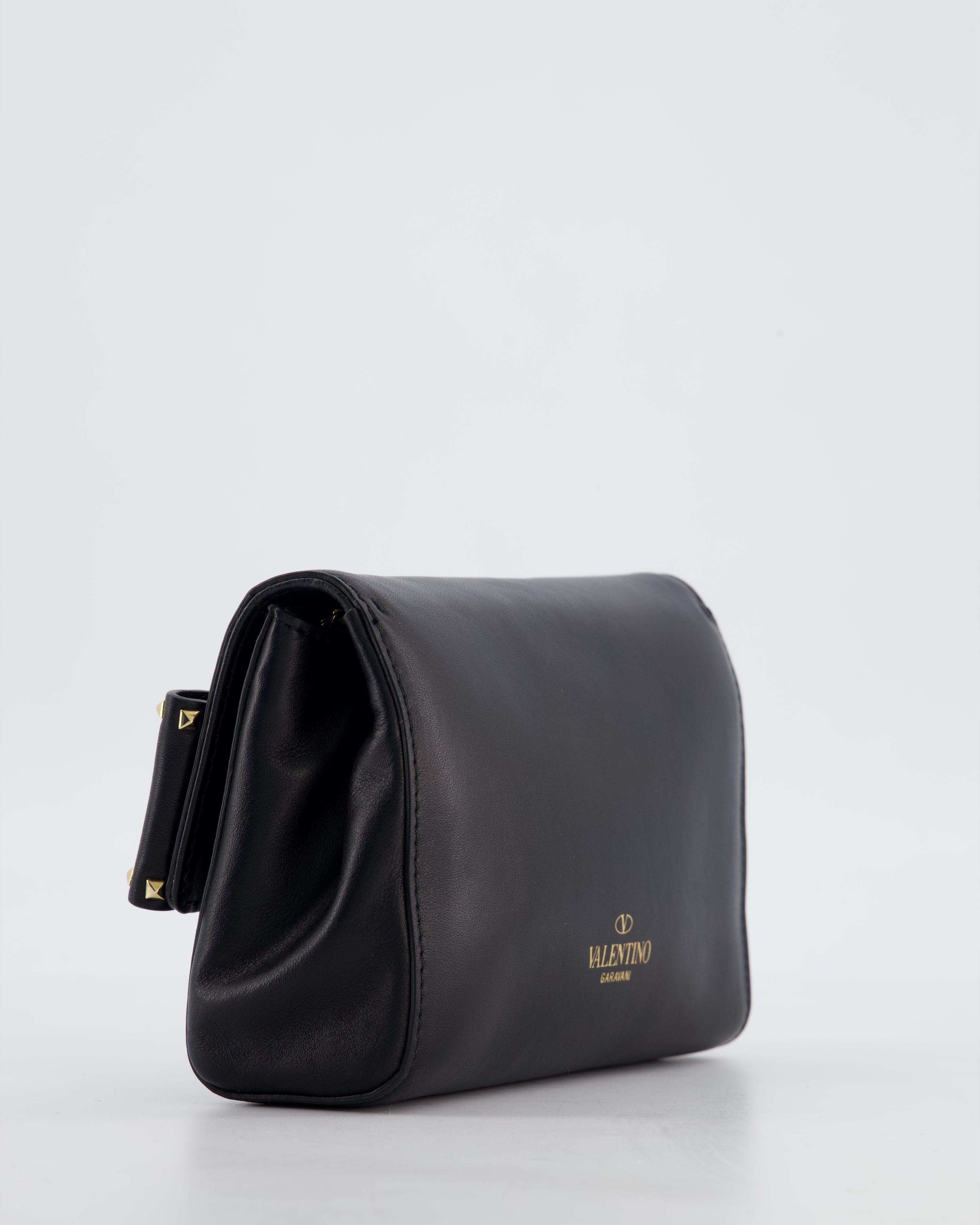 Valentino Black Mini Leather Rockstud Bow Crossbody Bag with Champagne Gold Hardware
