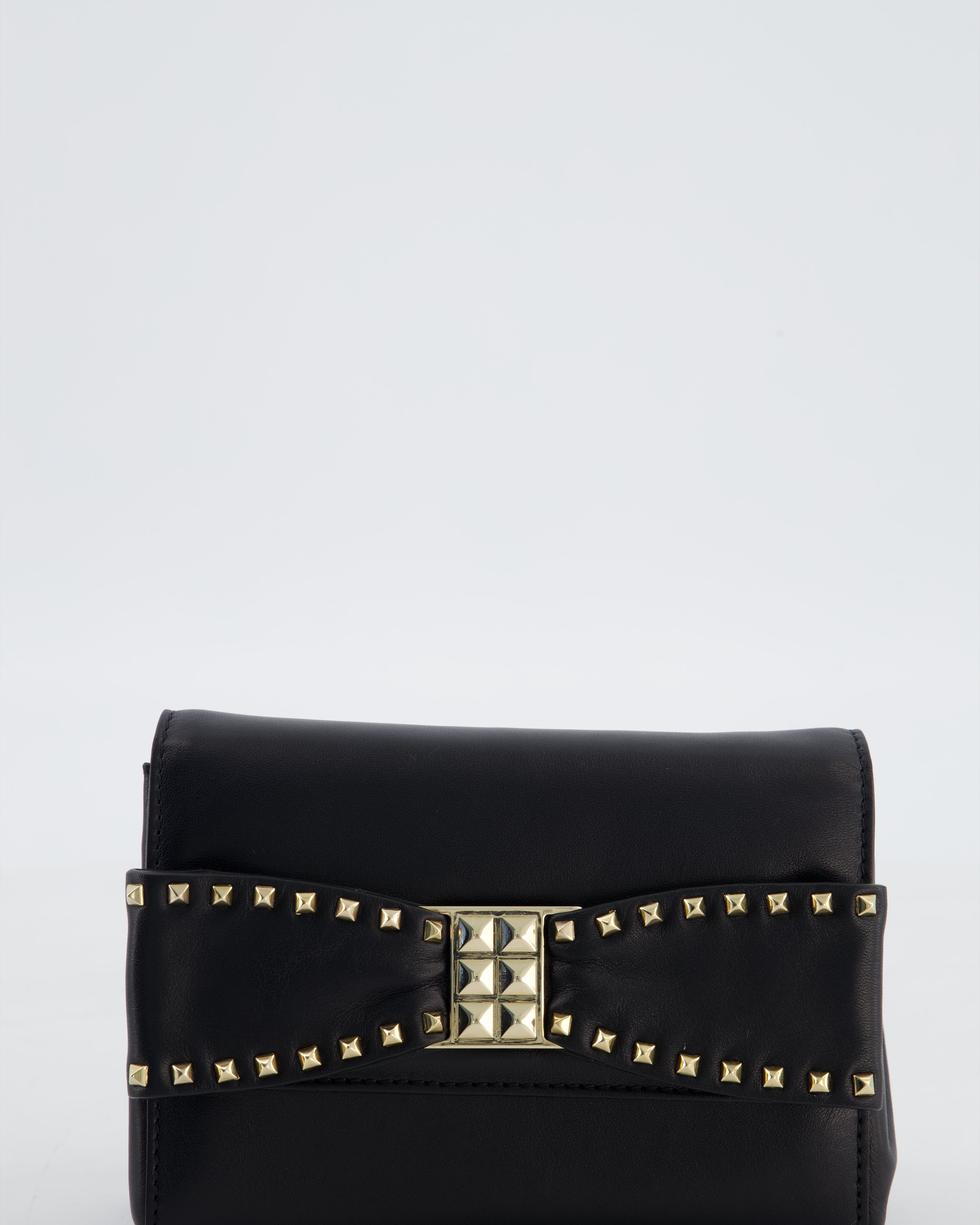 Valentino Black Mini Leather Rockstud Bow Crossbody Bag with Champagne Gold Hardware
