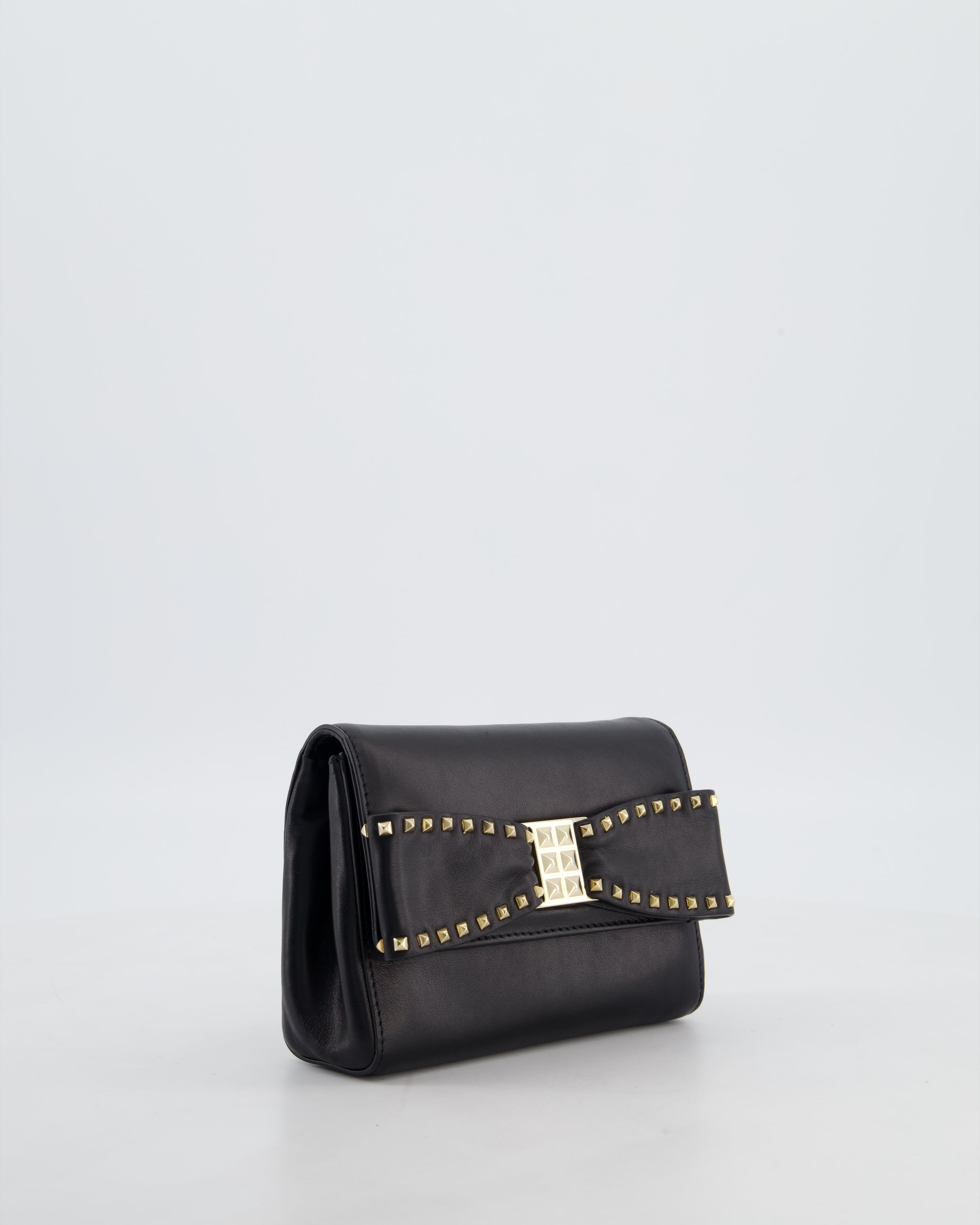 Valentino Black Mini Leather Rockstud Bow Crossbody Bag with Champagne Gold Hardware