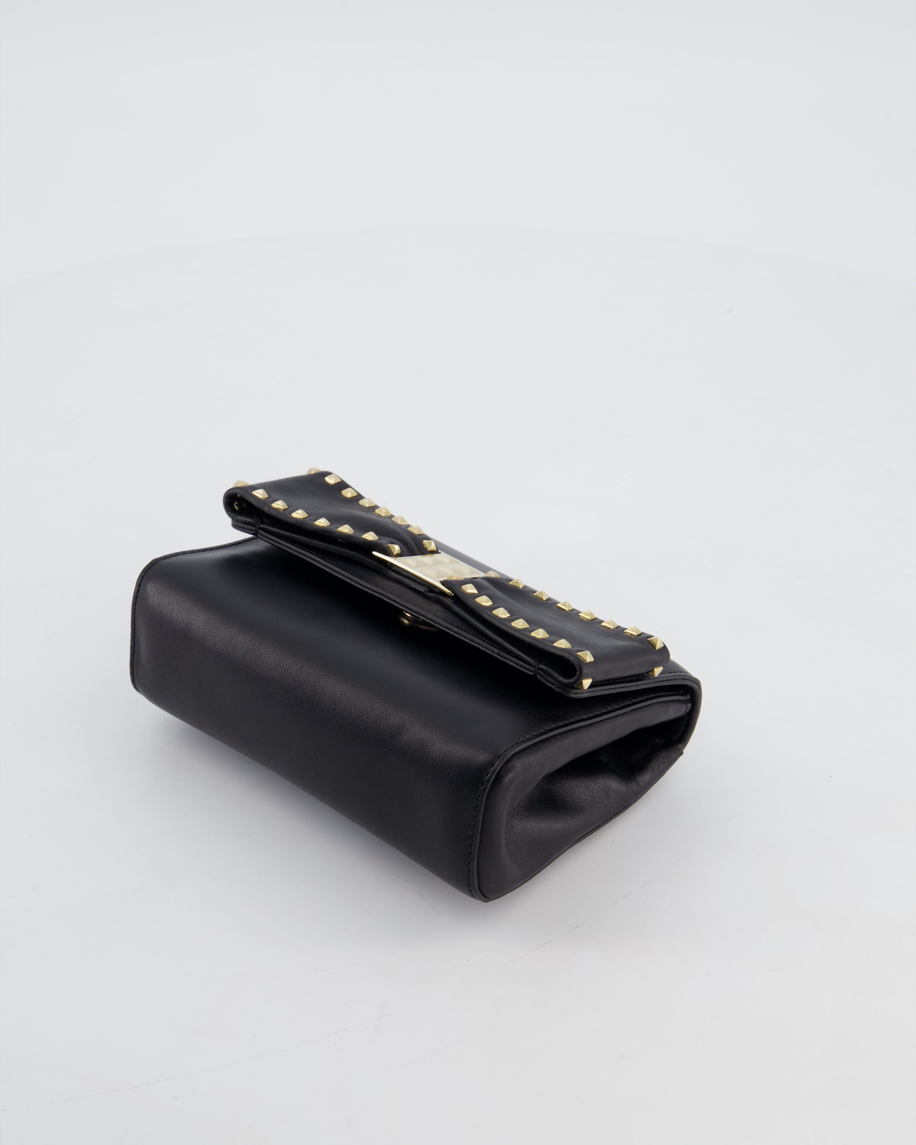 Valentino Black Mini Leather Rockstud Bow Crossbody Bag with Champagne Gold Hardware