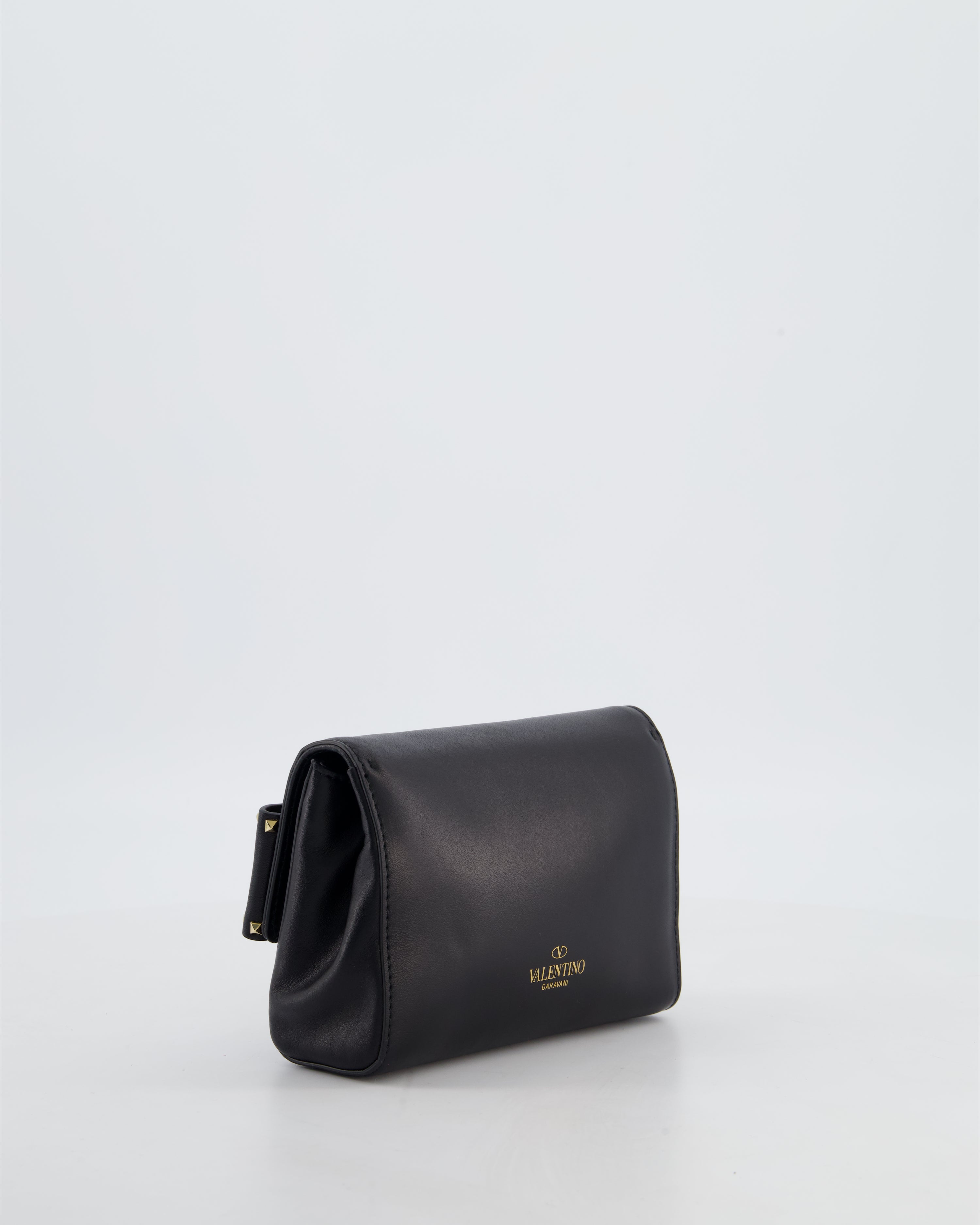 Valentino Black Mini Leather Rockstud Bow Crossbody Bag with Champagne Gold Hardware