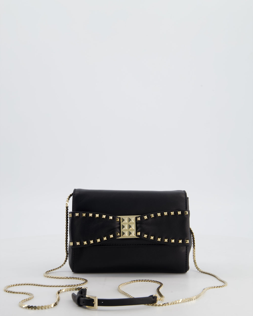 Valentino Black Mini Leather Rockstud Bow Crossbody Bag with Champagne Gold Hardware