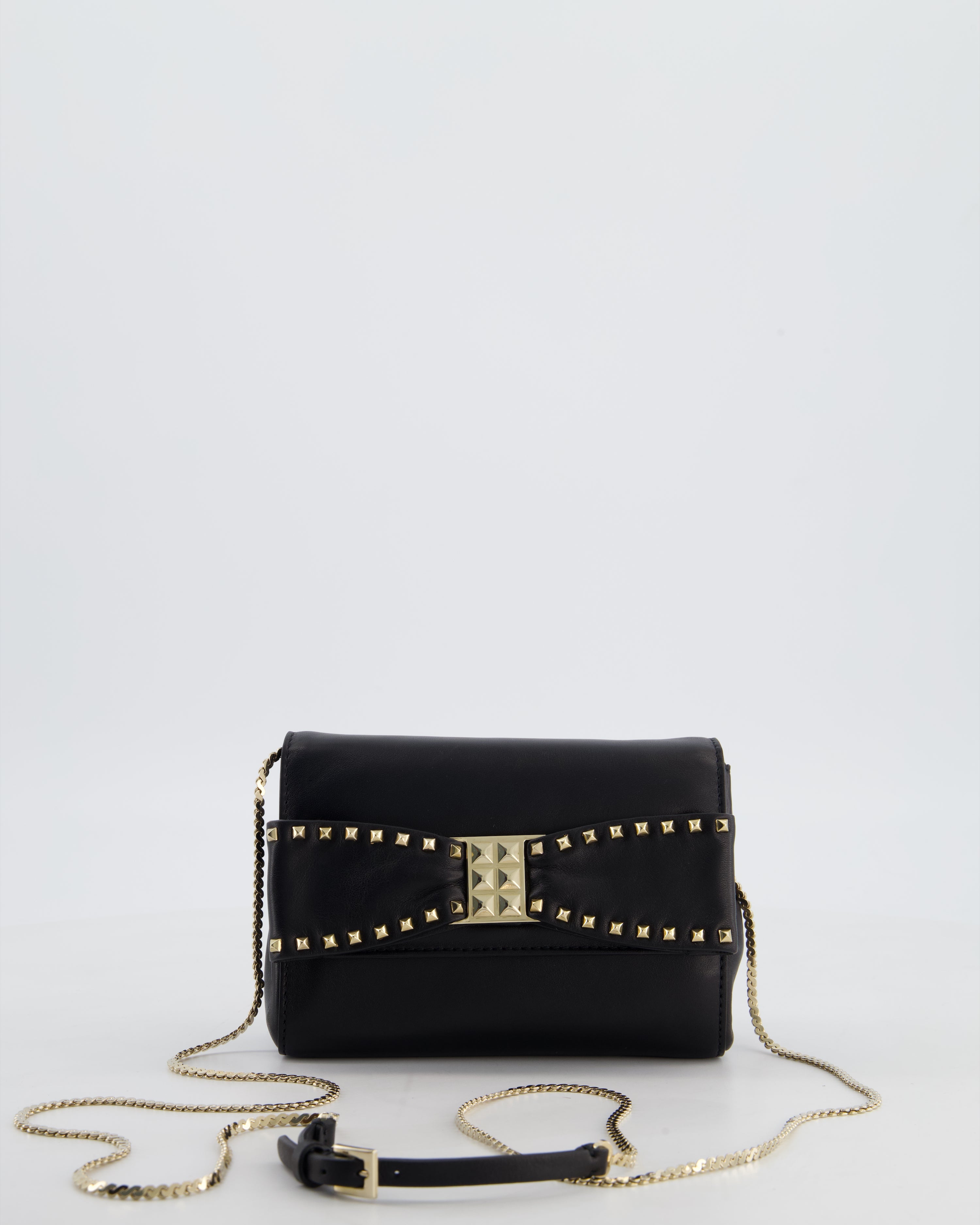 Valentino Black Mini Leather Rockstud Bow Crossbody Bag with Champagne Gold Hardware