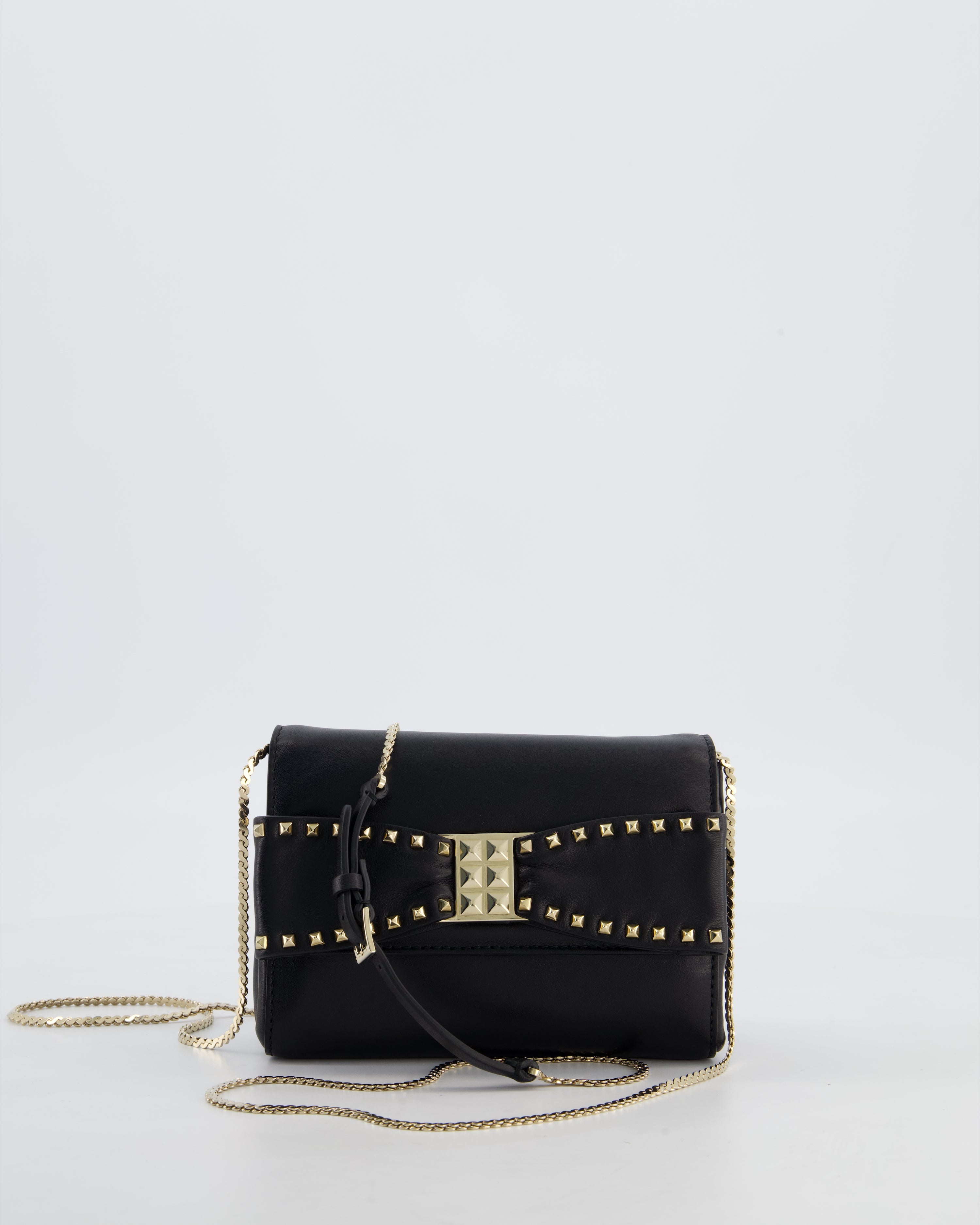 Valentino Black Mini Leather Rockstud Bow Crossbody Bag with Champagne Gold Hardware