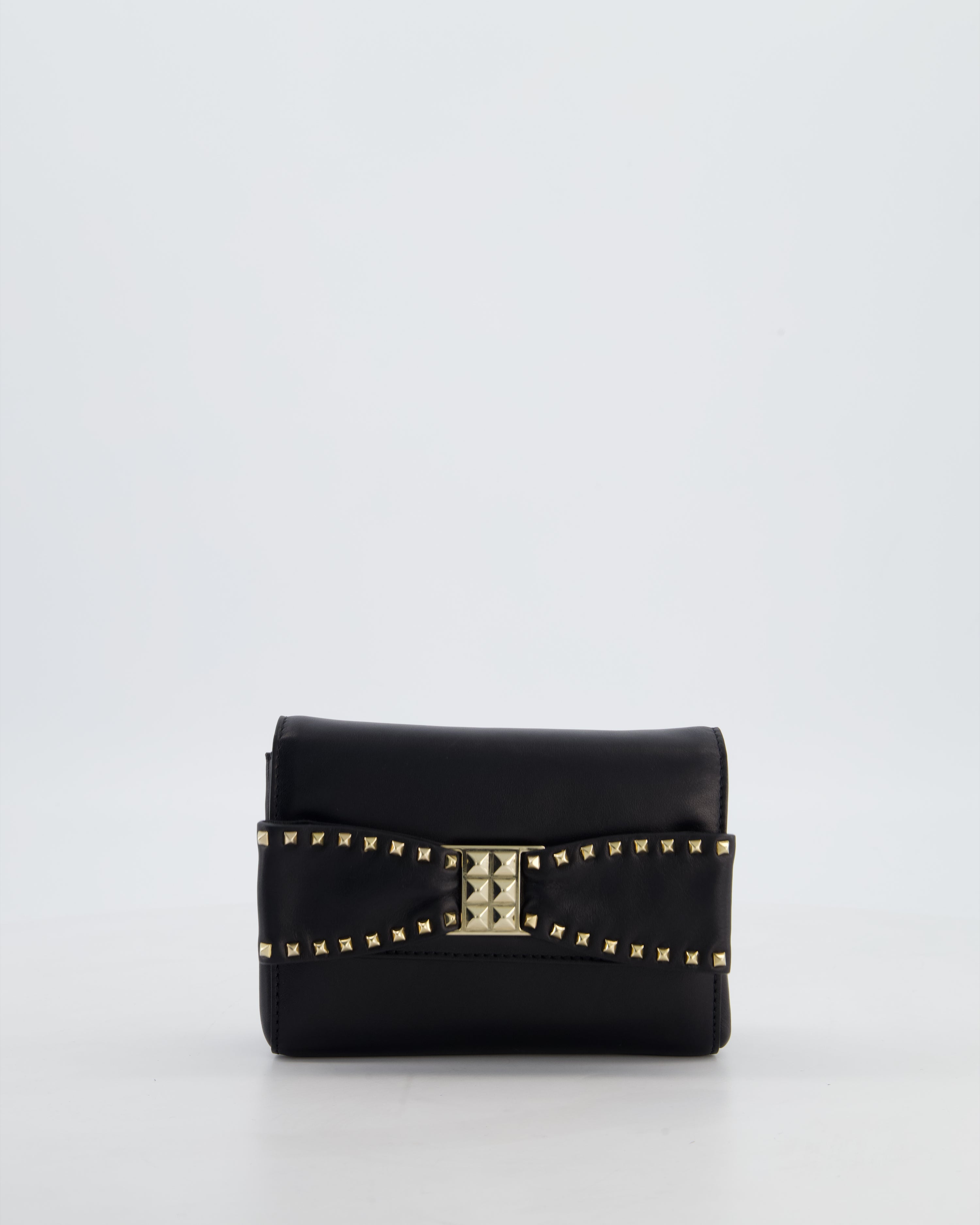 Valentino Black Mini Leather Rockstud Bow Crossbody Bag with Champagne Gold Hardware