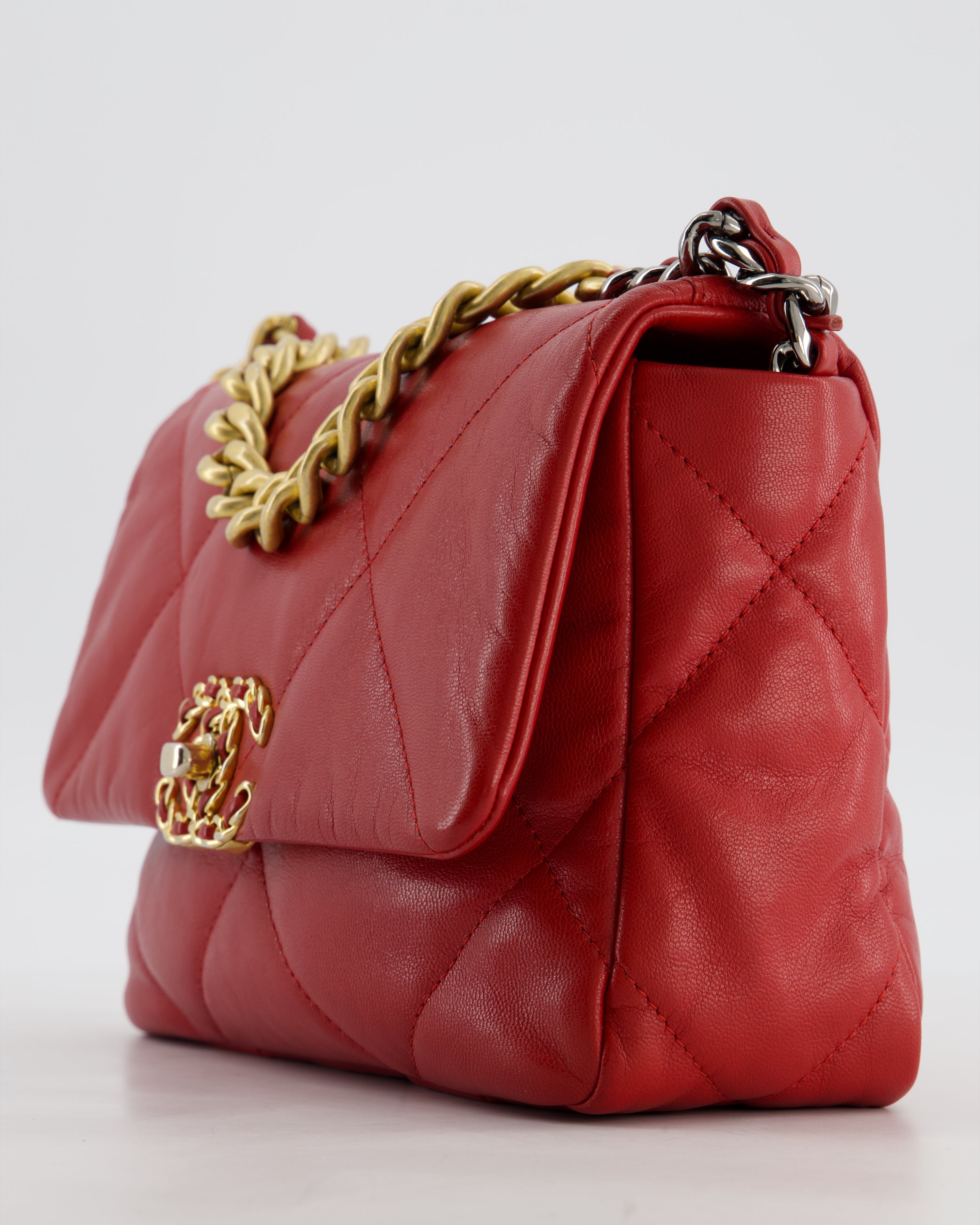 Chanel 19 Small Flap Bag in Deep Red Goatskin Leather with Mixed Hardware