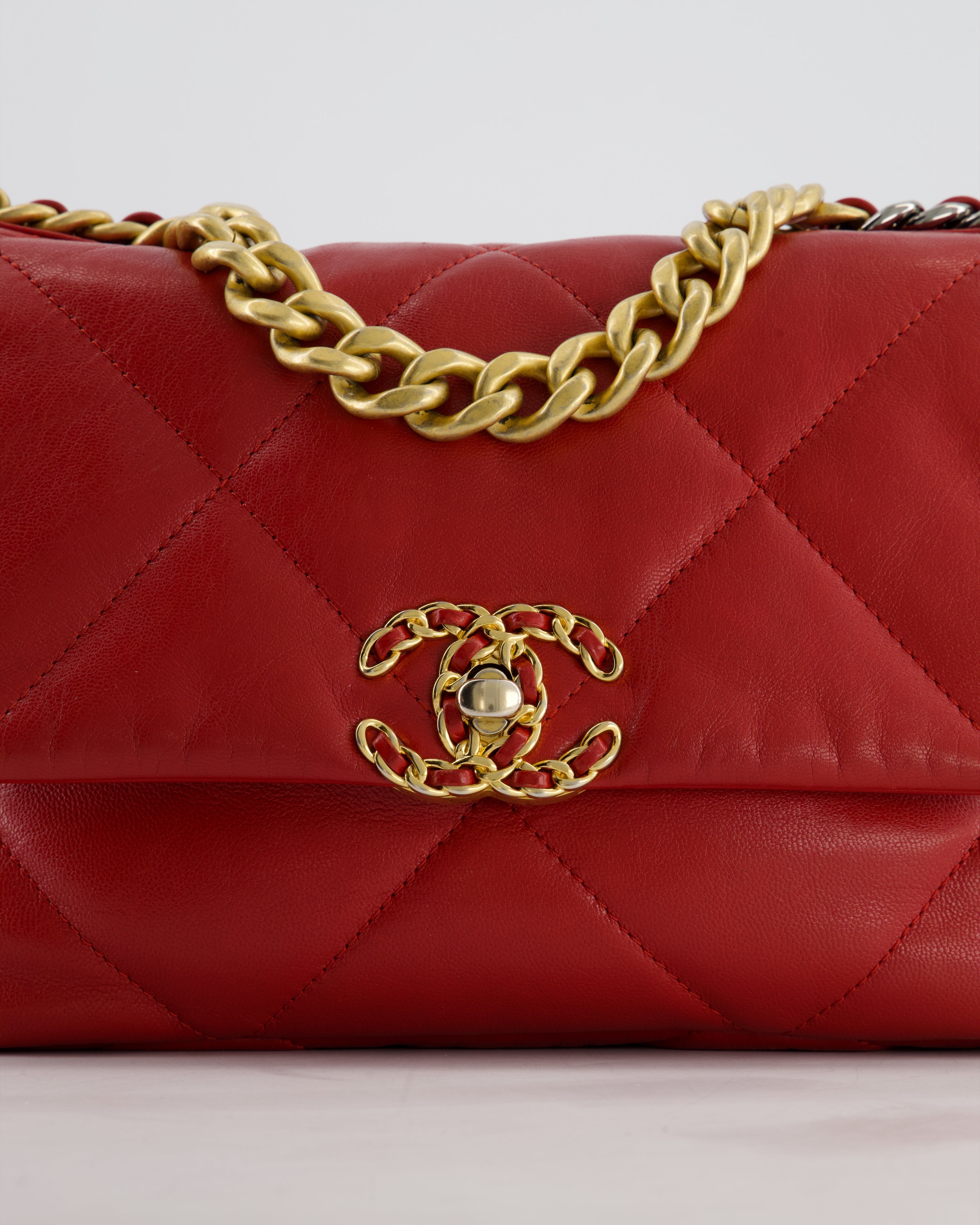 Chanel 19 Small Flap Bag in Deep Red Goatskin Leather with Mixed Hardware