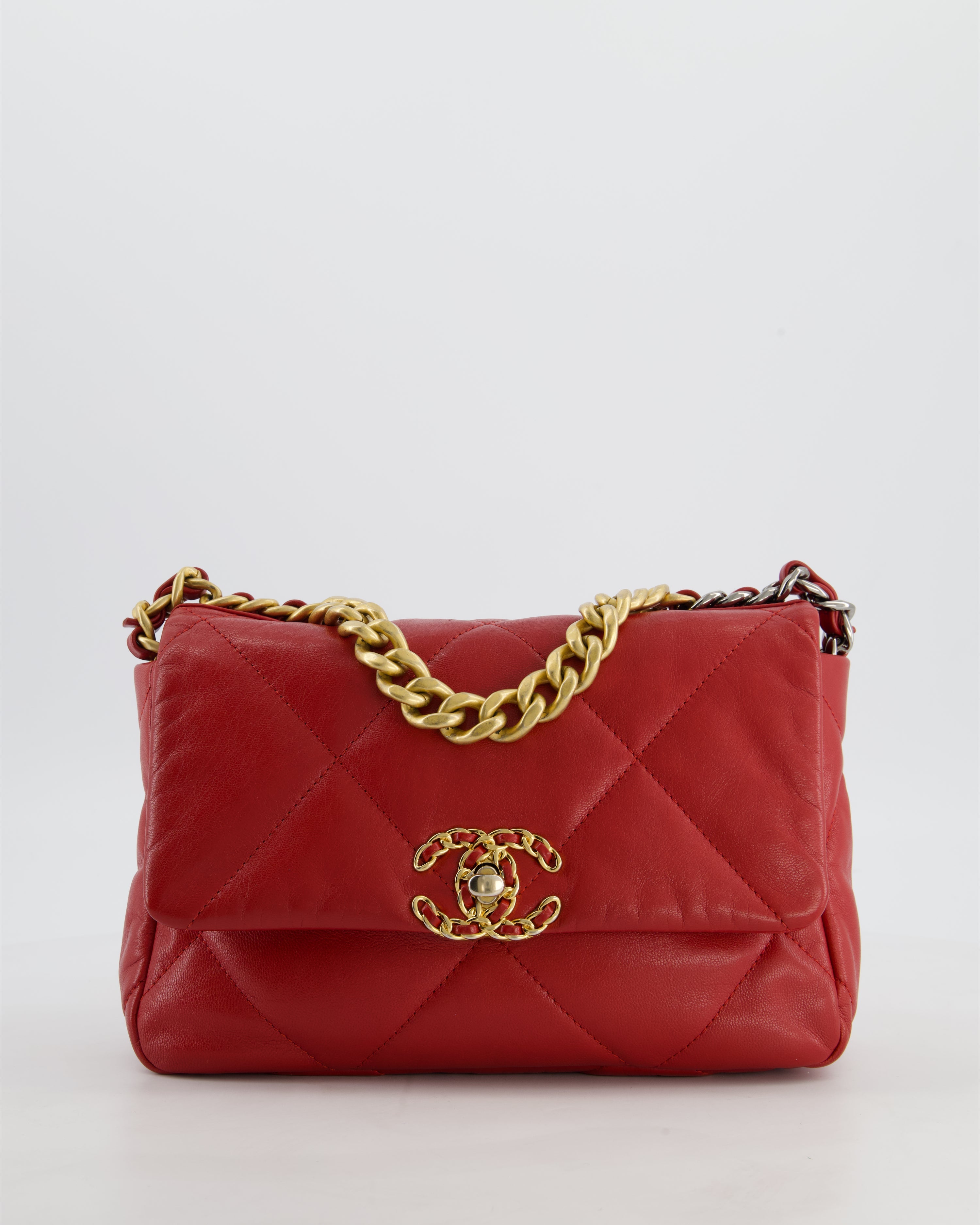 Chanel 19 Small Flap Bag in Deep Red Goatskin Leather with Mixed Hardware