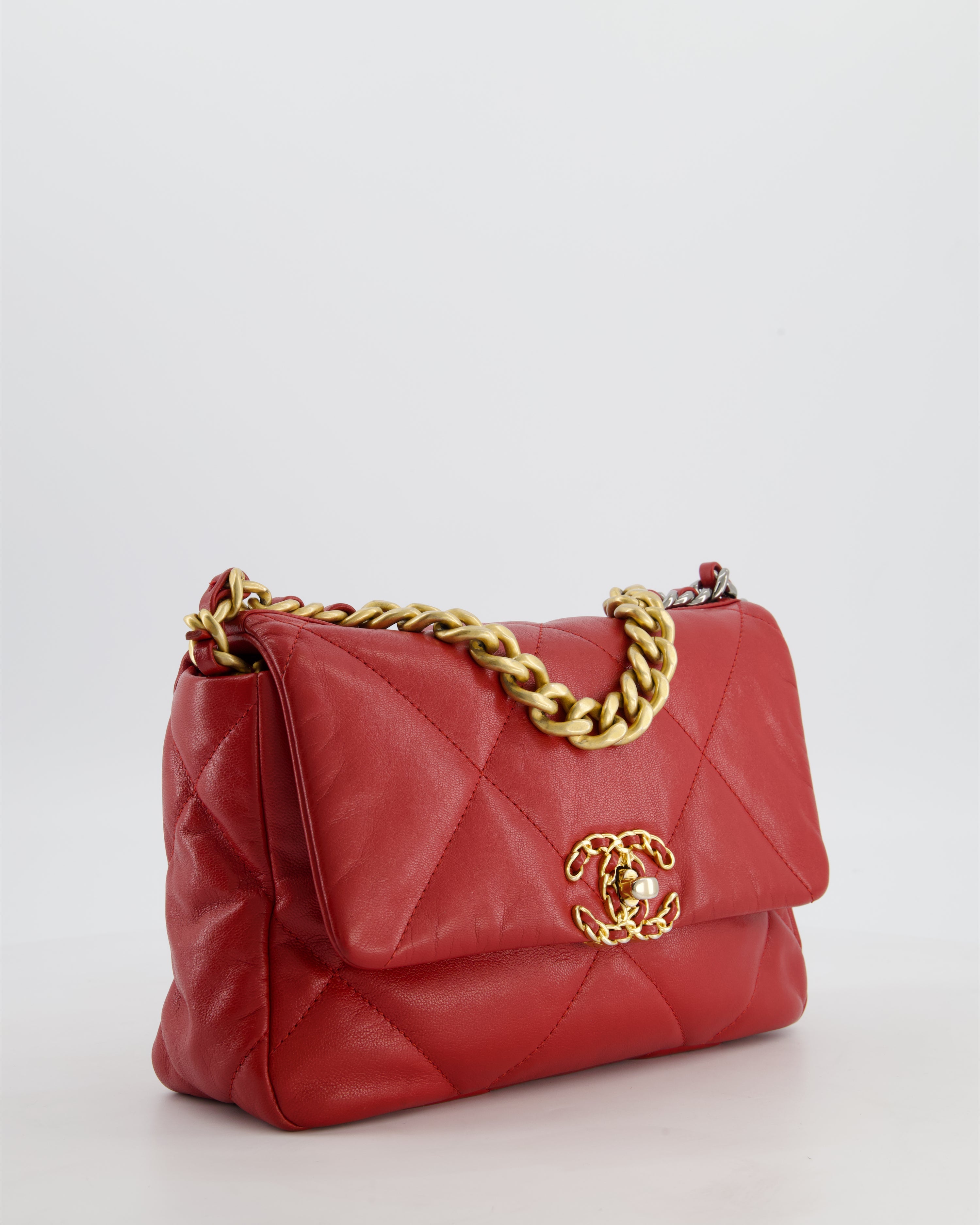 Chanel 19 Small Flap Bag in Deep Red Goatskin Leather with Mixed Hardware