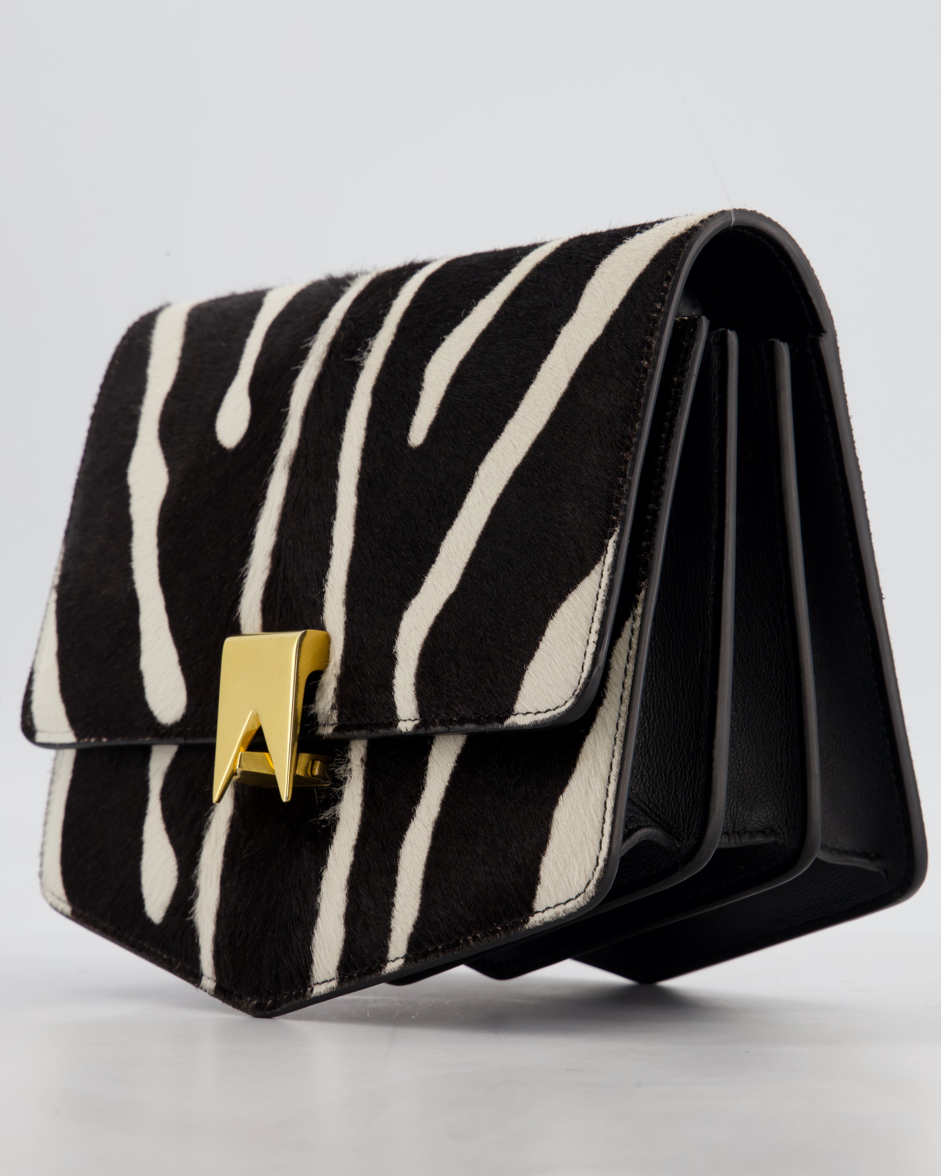 Alaïa Le Papa Leather Trimmed Zebra Print Calf Hair Shoulder Bag with Gold Hardware