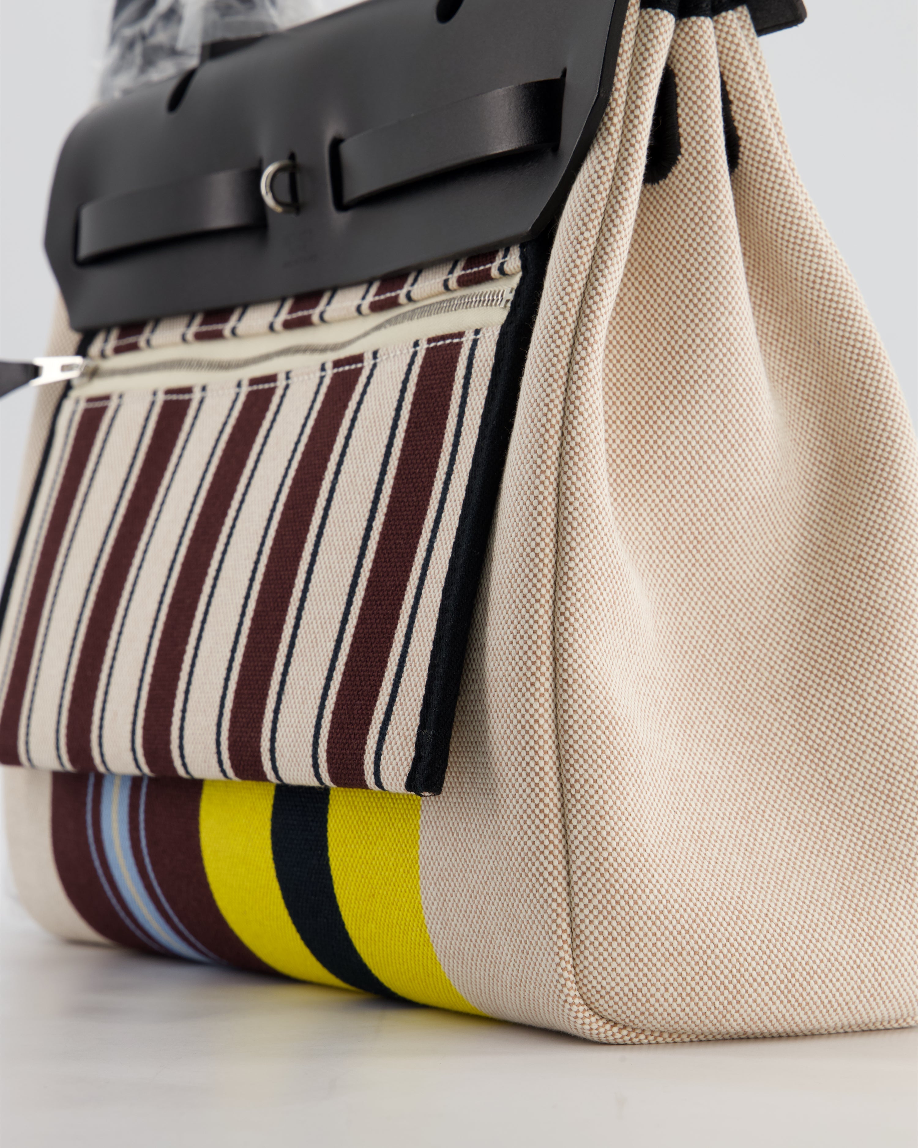 Hermès Herbag 31 Zip Bag in Ecru, Beige, Jaune & Bordeaux Toile H Rayures Equipage Canvas, Noir Vache Hunter Leather with Palladium Hardware