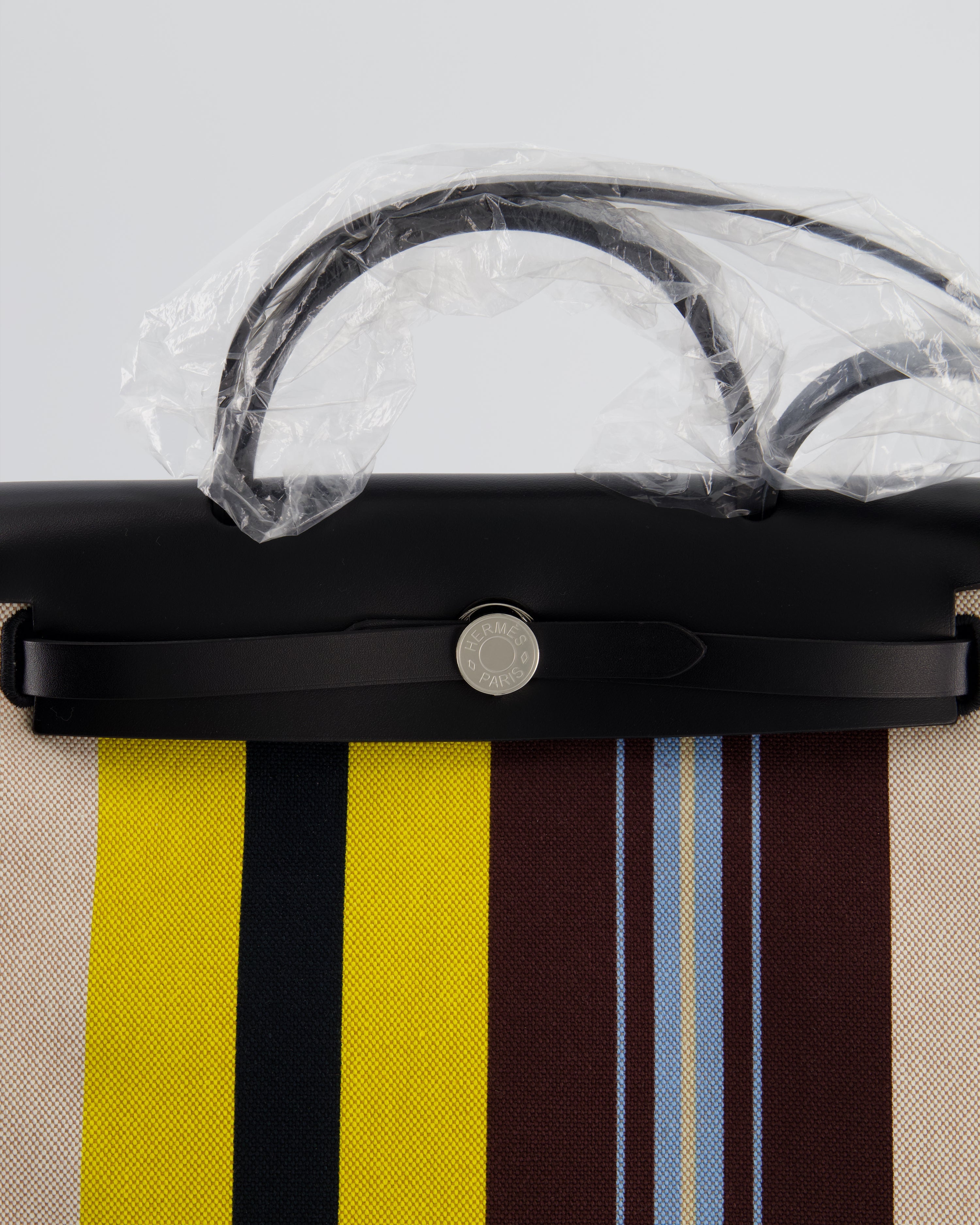 Hermès Herbag 31 Zip Bag in Ecru, Beige, Jaune & Bordeaux Toile H Rayures Equipage Canvas, Noir Vache Hunter Leather with Palladium Hardware