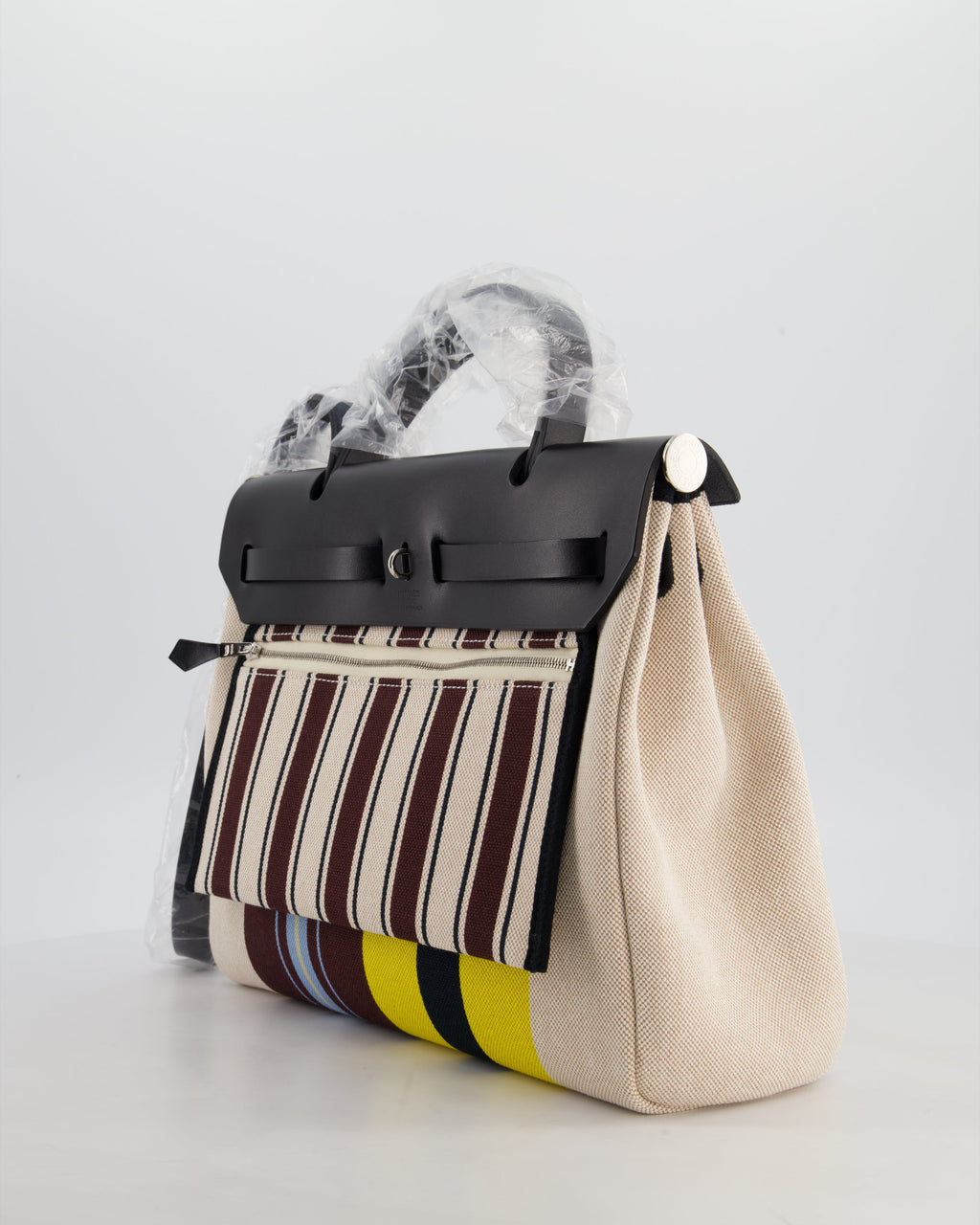Hermès Herbag 31 Zip Bag in Ecru, Beige, Jaune & Bordeaux Toile H Rayures Equipage Canvas, Noir Vache Hunter Leather with Palladium Hardware