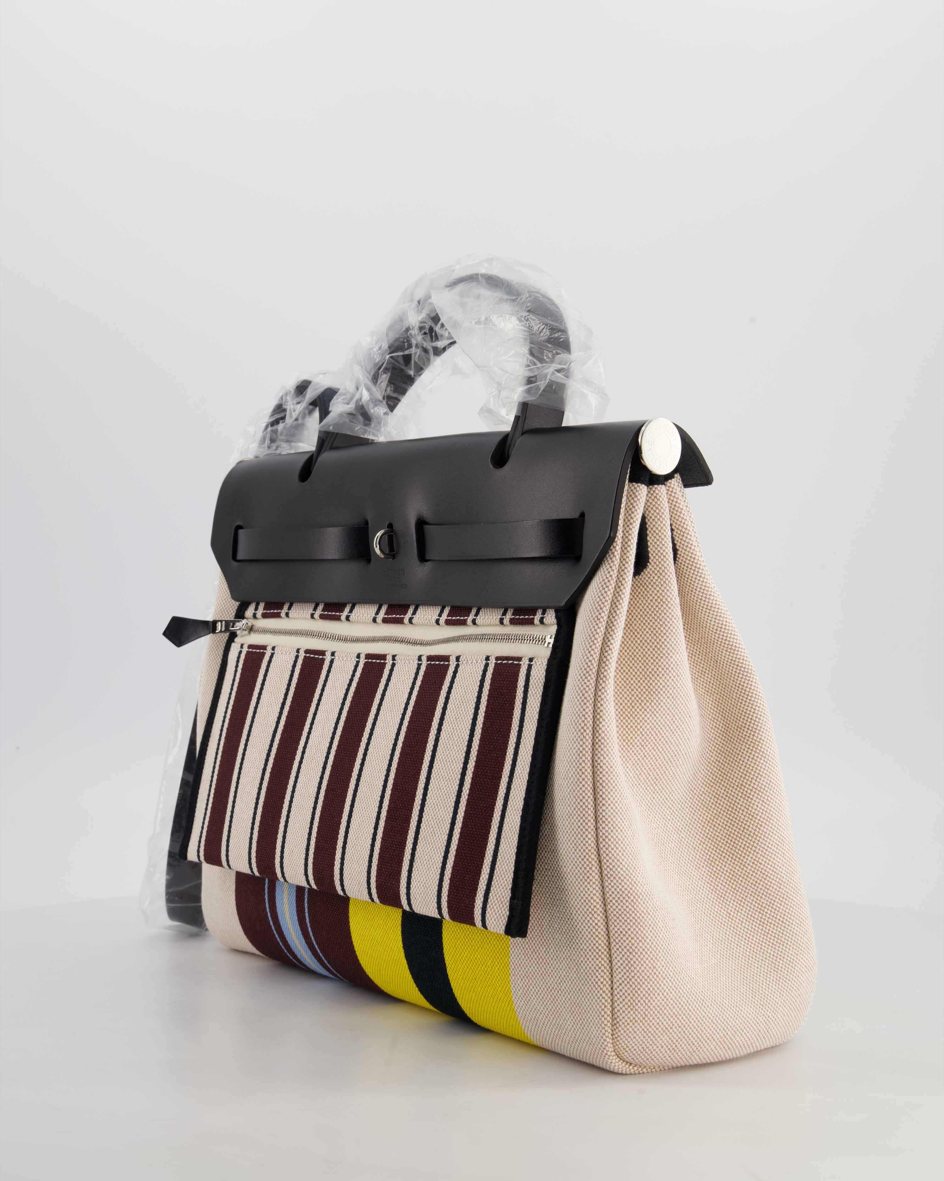 Hermès Herbag 31 Zip Bag in Ecru, Beige, Jaune & Bordeaux Toile H Rayures Equipage Canvas, Noir Vache Hunter Leather with Palladium Hardware