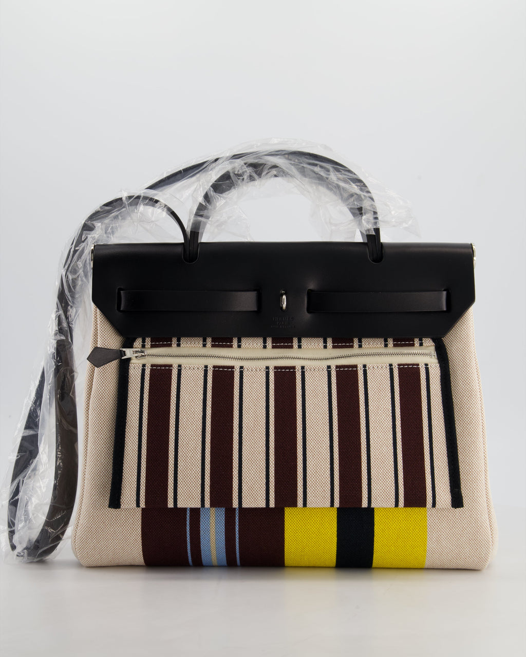 Hermès Herbag 31 Zip Bag in Ecru, Beige, Jaune & Bordeaux Toile H Rayures Equipage Canvas, Noir Vache Hunter Leather with Palladium Hardware