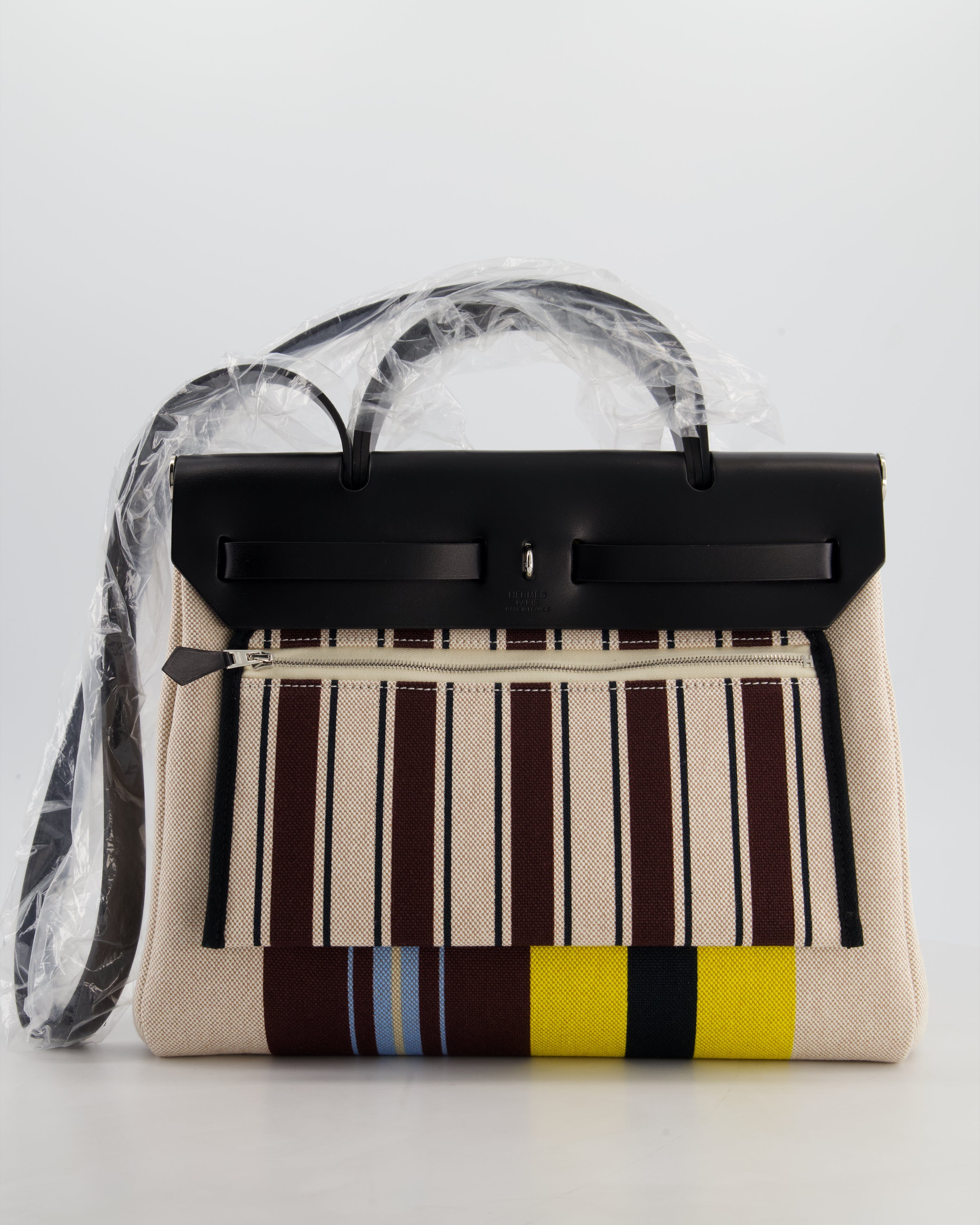 Hermès Herbag 31 Zip Bag in Ecru, Beige, Jaune & Bordeaux Toile H Rayures Equipage Canvas, Noir Vache Hunter Leather with Palladium Hardware