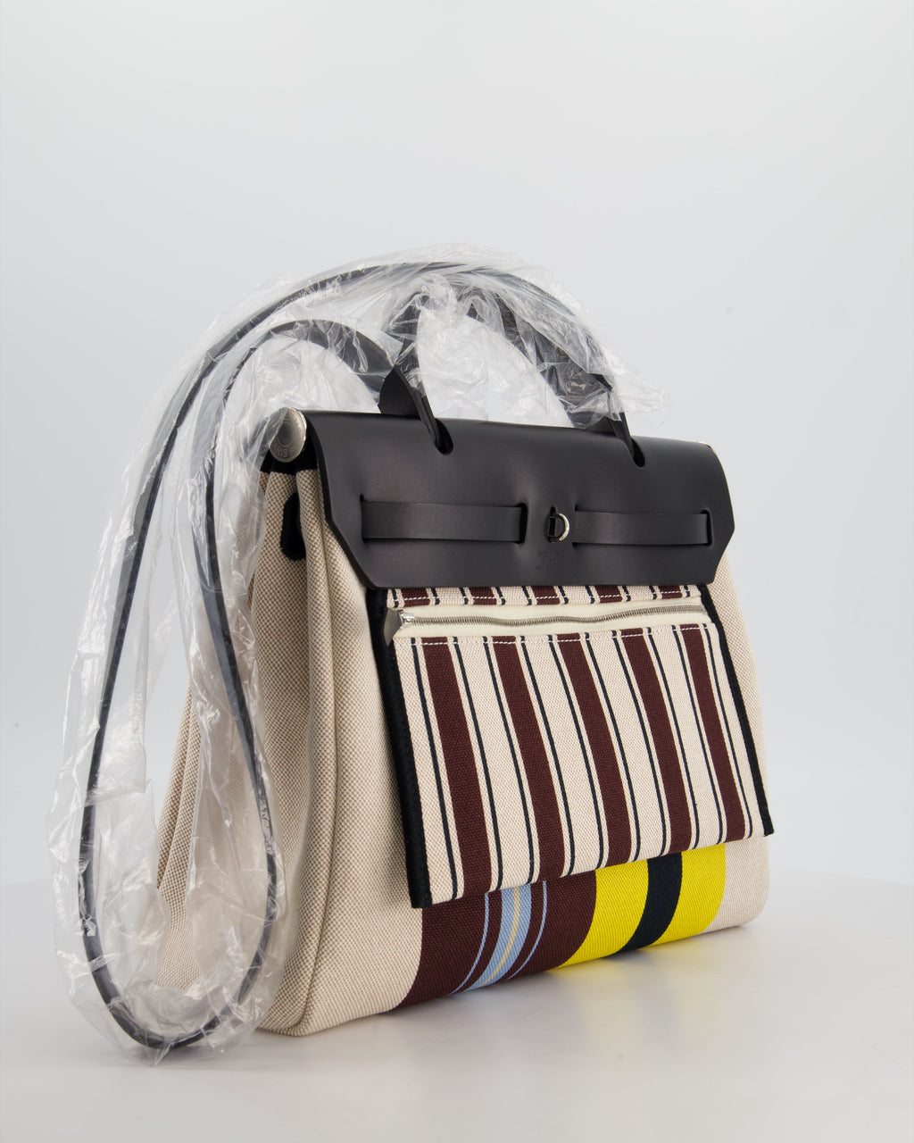 Hermès Herbag 31 Zip Bag in Ecru, Beige, Jaune & Bordeaux Toile H Rayures Equipage Canvas, Noir Vache Hunter Leather with Palladium Hardware