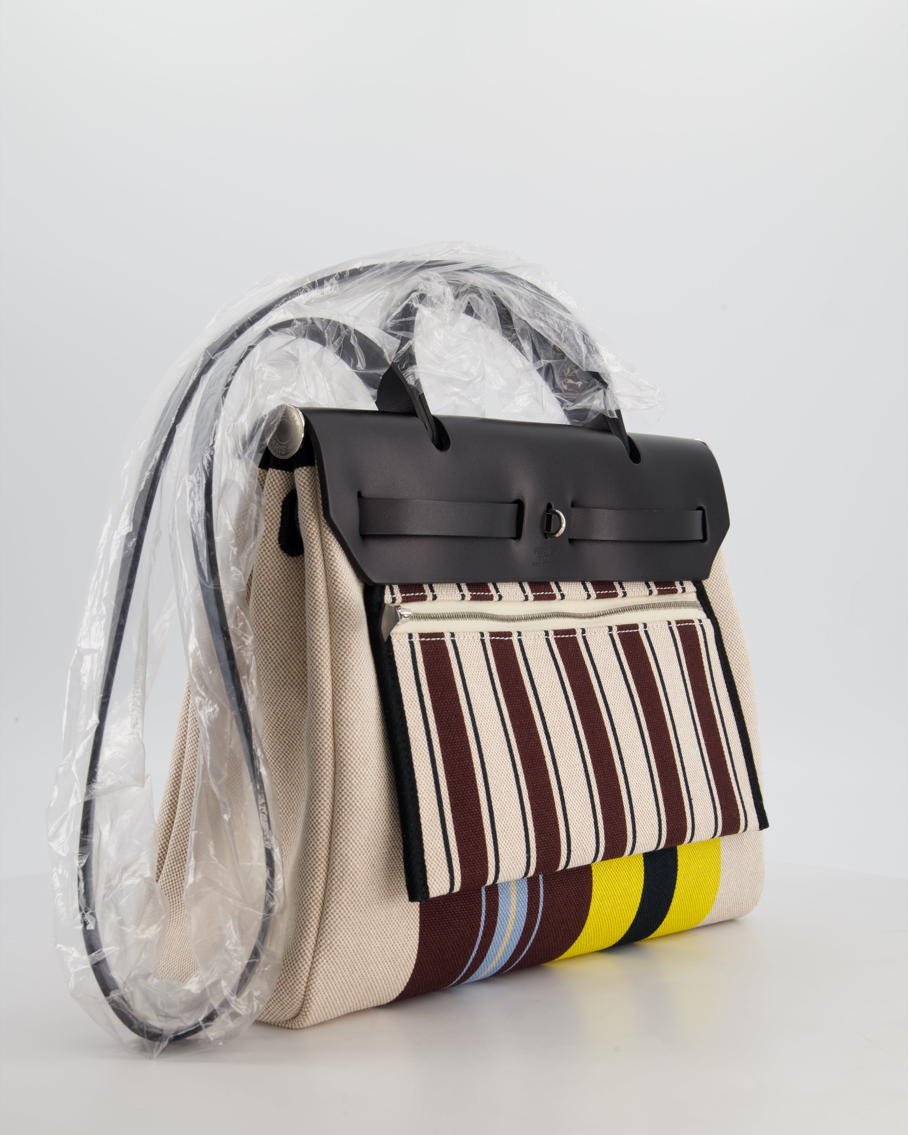 Hermès Herbag 31 Zip Bag in Ecru, Beige, Jaune & Bordeaux Toile H Rayures Equipage Canvas, Noir Vache Hunter Leather with Palladium Hardware