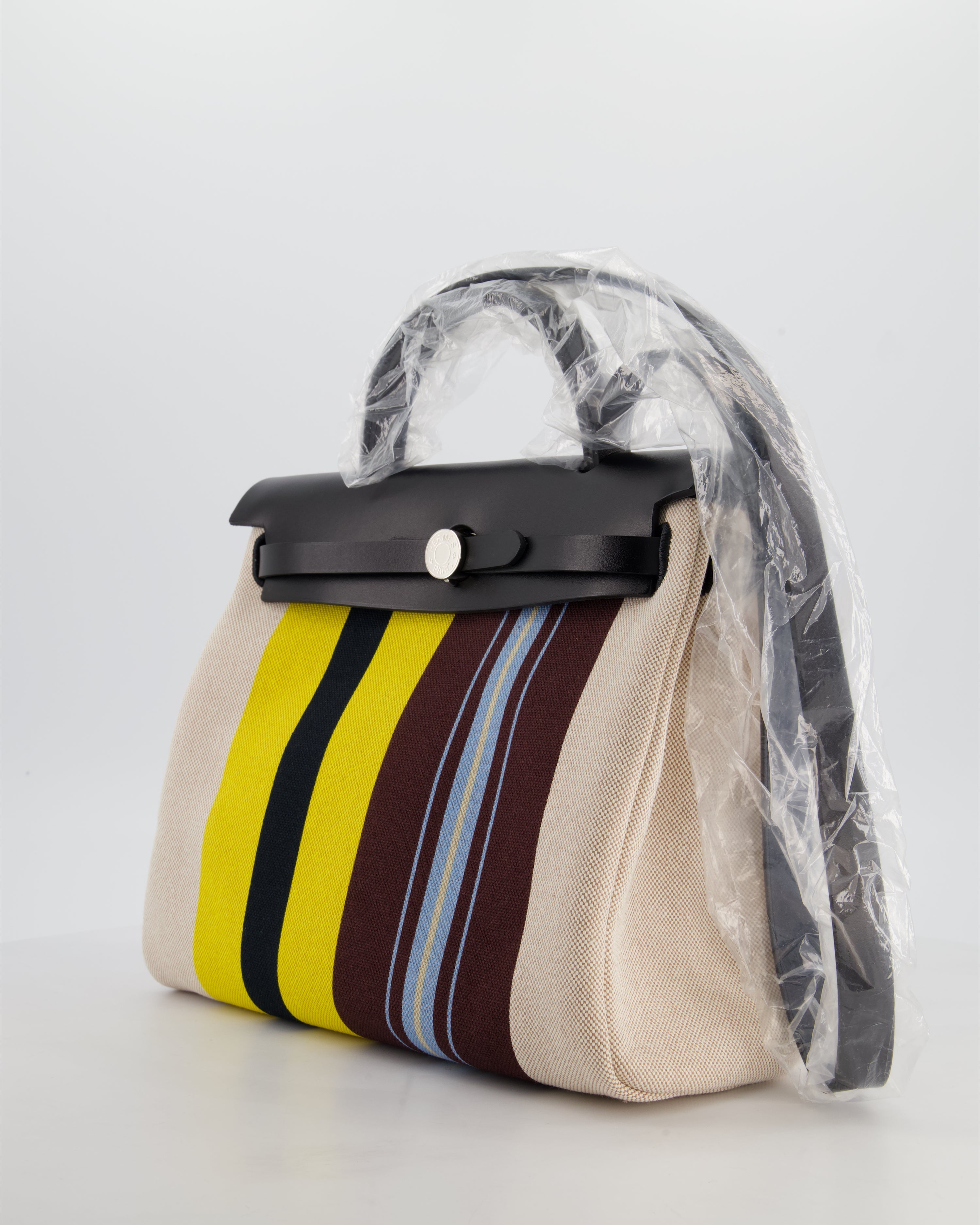 Hermès Herbag 31 Zip Bag in Ecru, Beige, Jaune & Bordeaux Toile H Rayures Equipage Canvas, Noir Vache Hunter Leather with Palladium Hardware