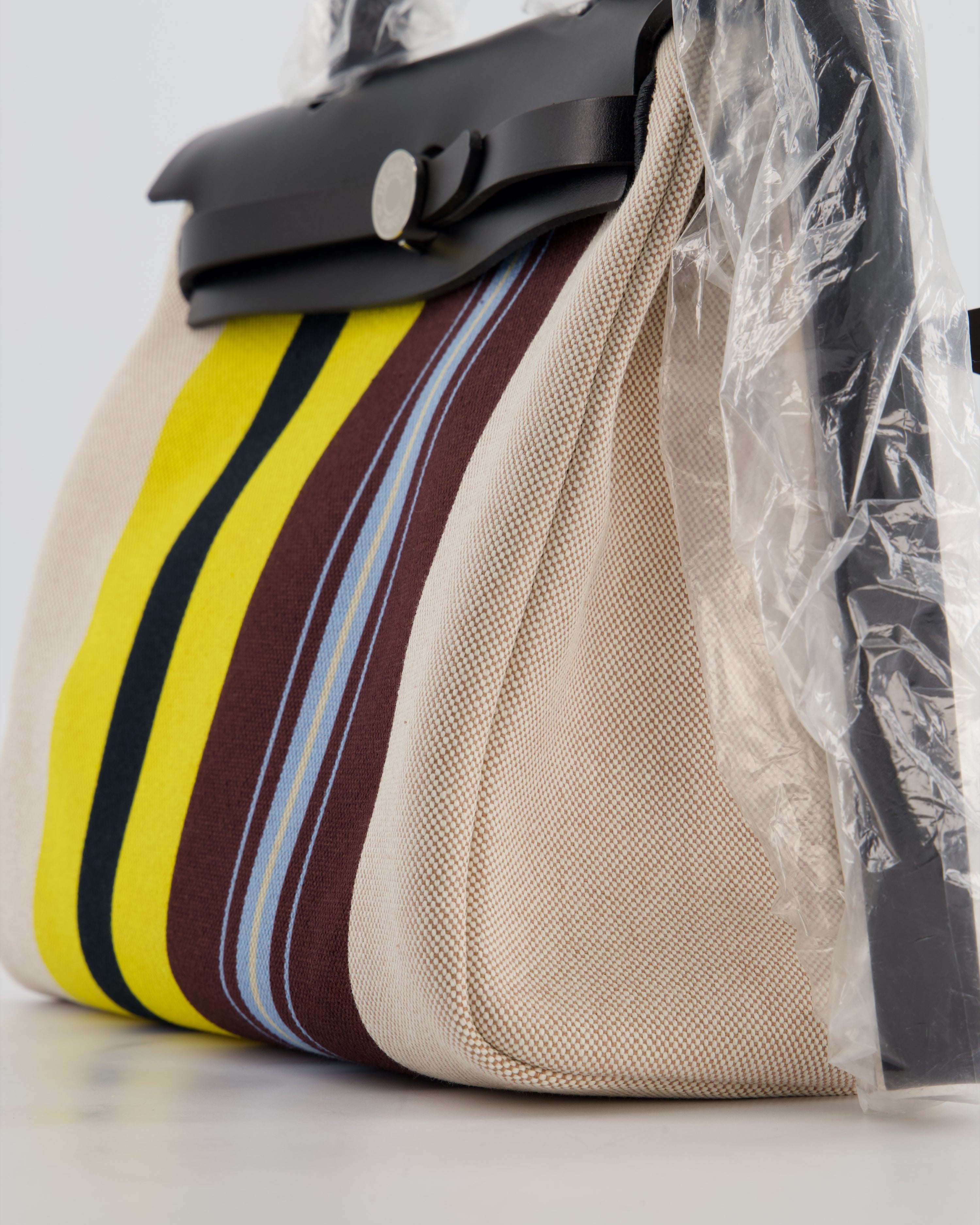 Hermès Herbag 31 Zip Bag in Ecru, Beige, Jaune & Bordeaux Toile H Rayures Equipage Canvas, Noir Vache Hunter Leather with Palladium Hardware